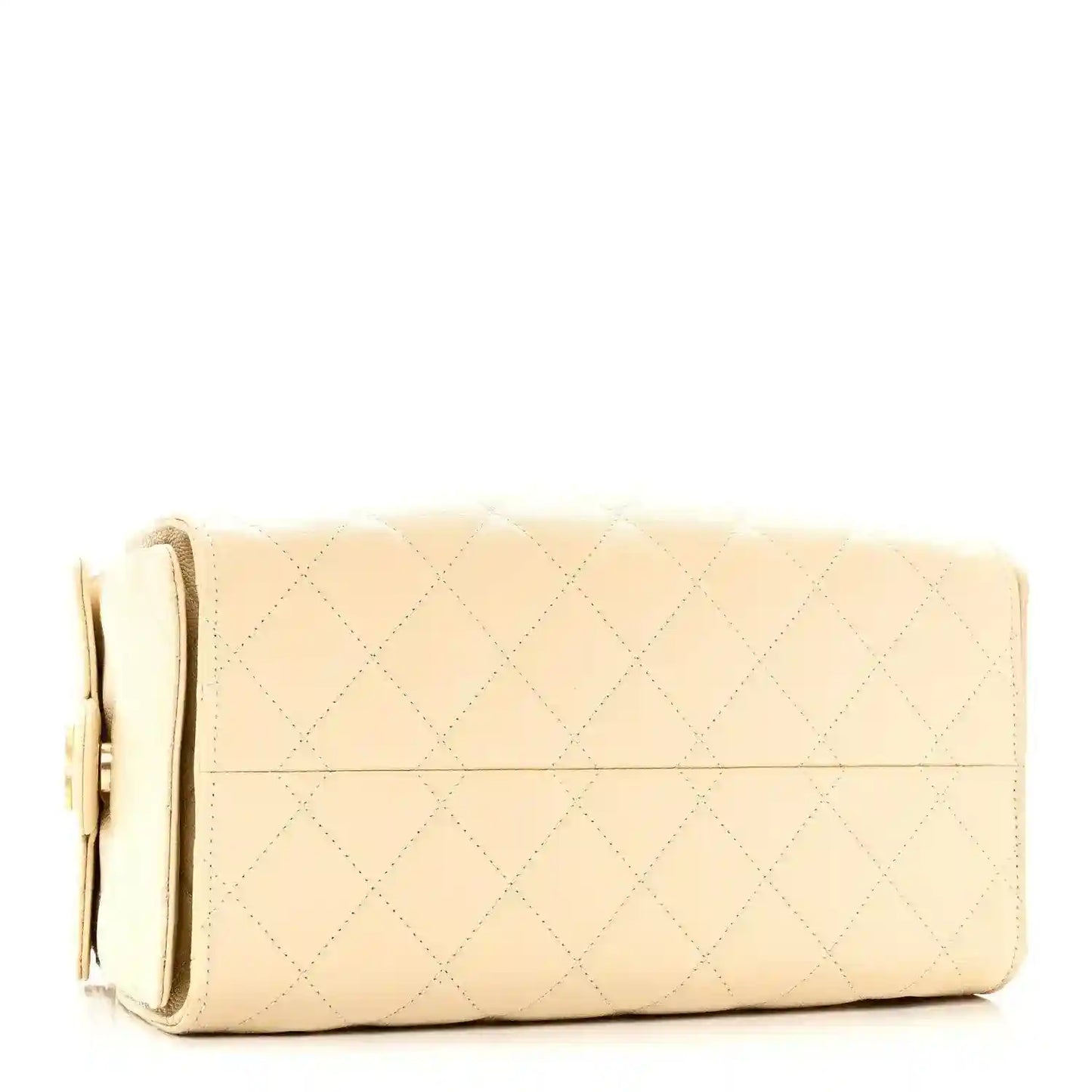 Quilted light beige handbag with long horizontal flap and side pocket