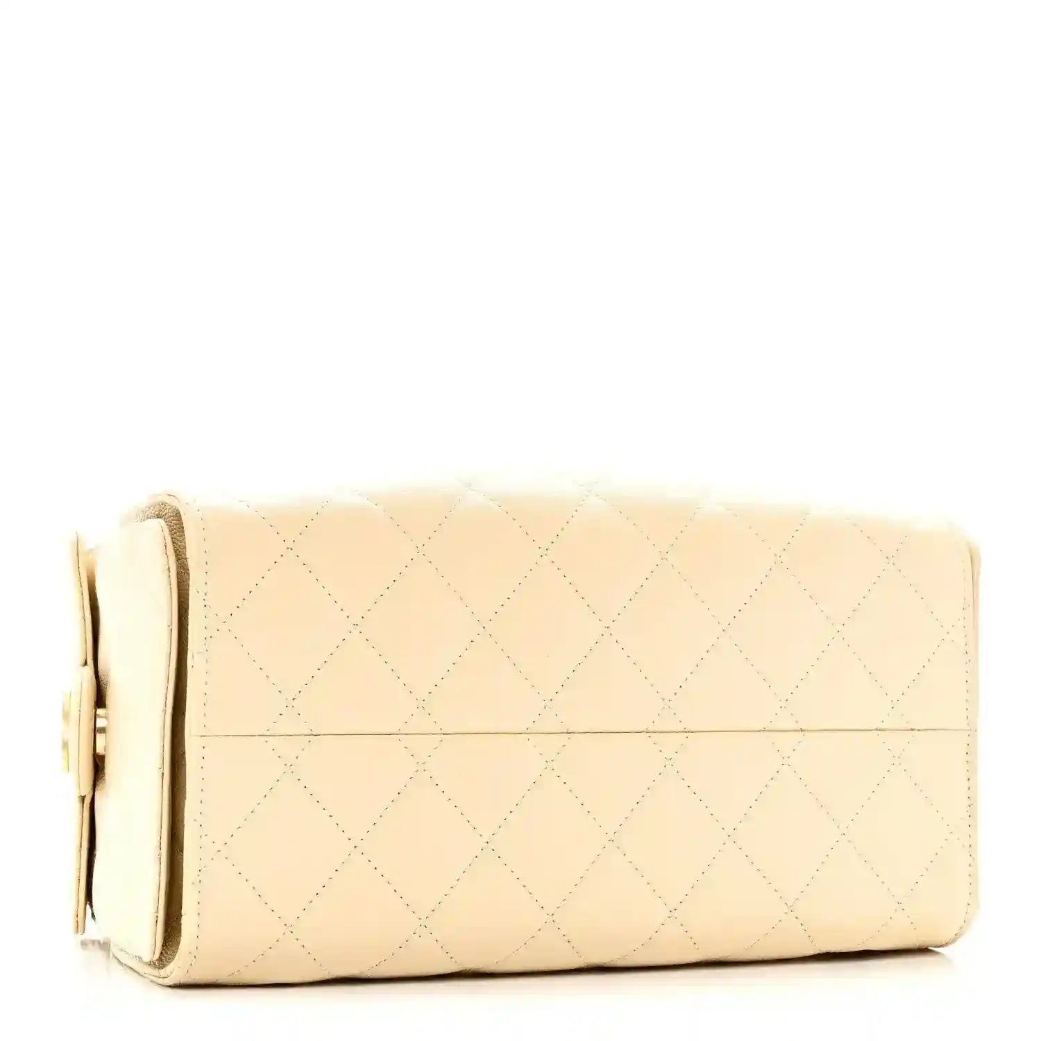 Quilted light beige handbag with long horizontal flap and side pocket