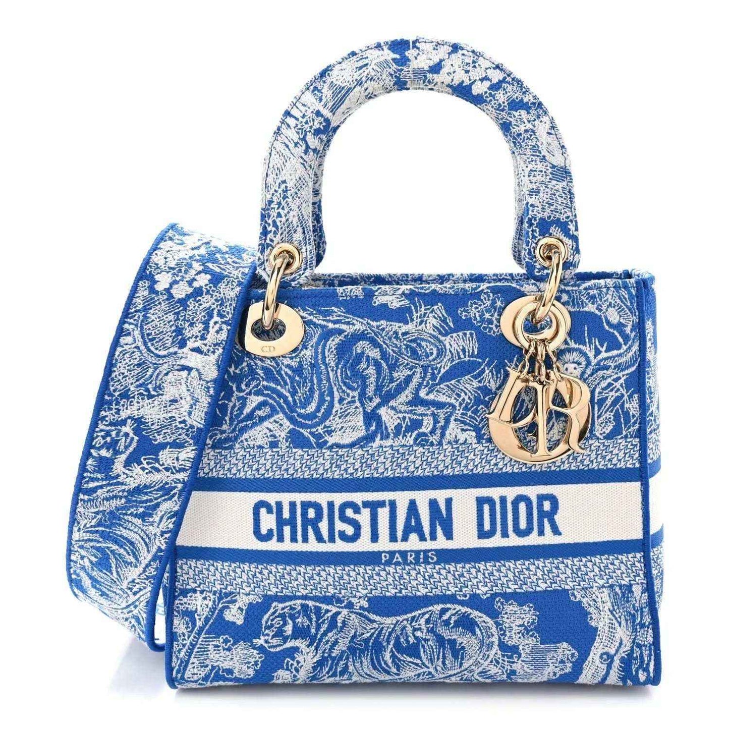 Christian Dior medium Lady D-Lite blue toile handbag with top handles and gold charms