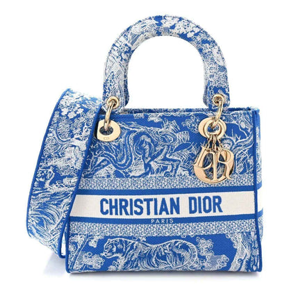 Christian Dior medium Lady D-Lite blue toile handbag with top handles and gold charms
