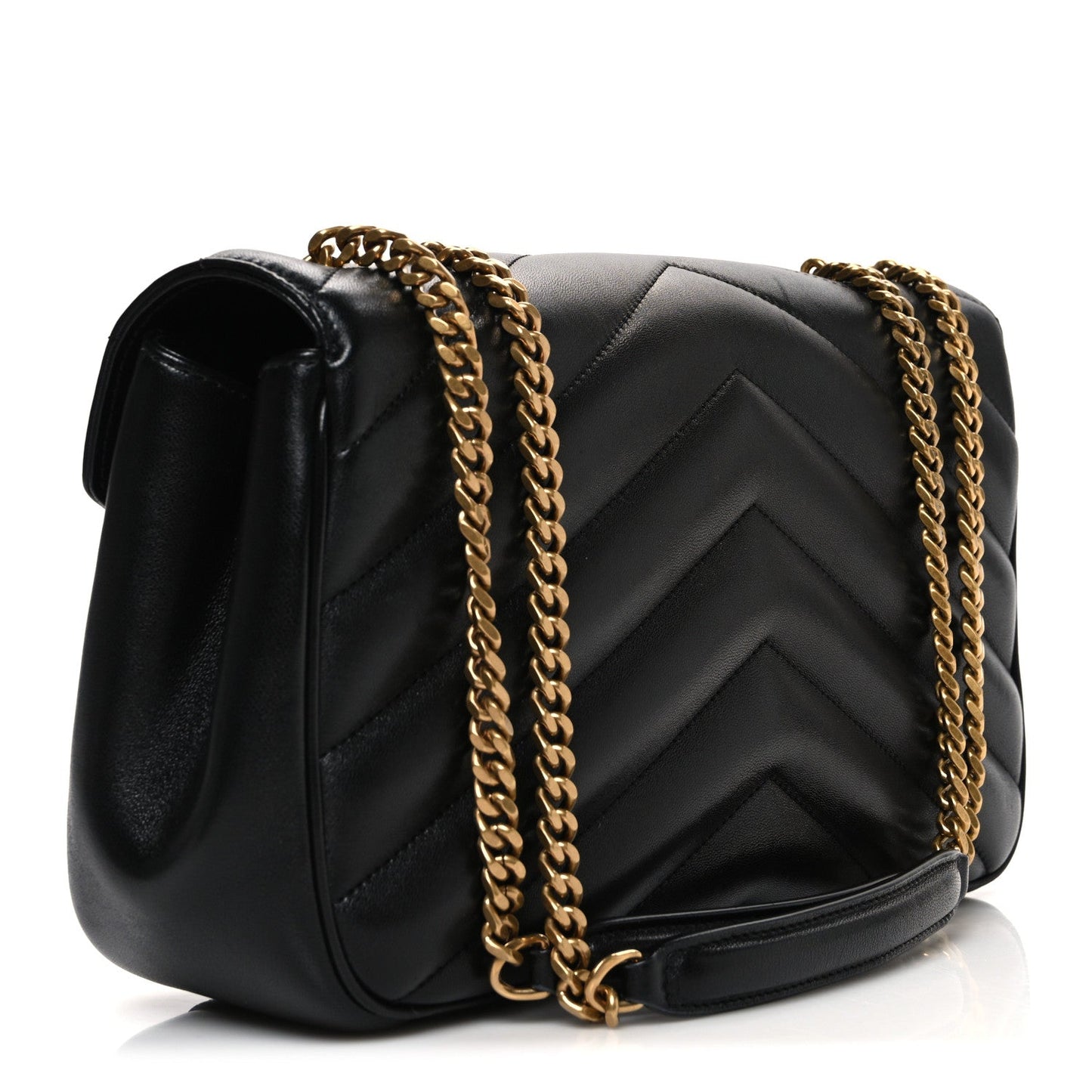 Black quilted lambskin shoulder bag with chevron pattern and gold chain strap