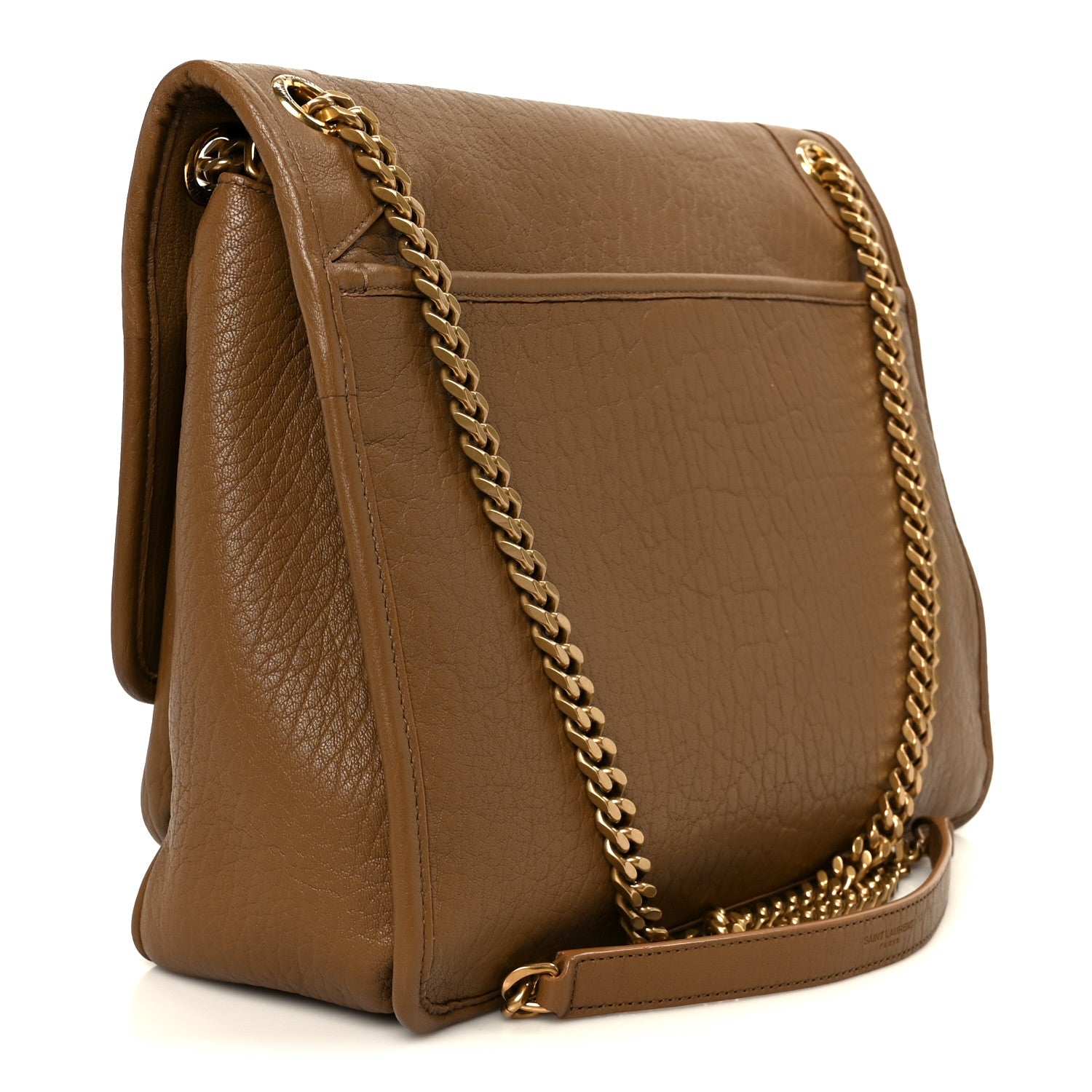 Grained leather chain satchel with flap and gold-toned hardware, dark cork.