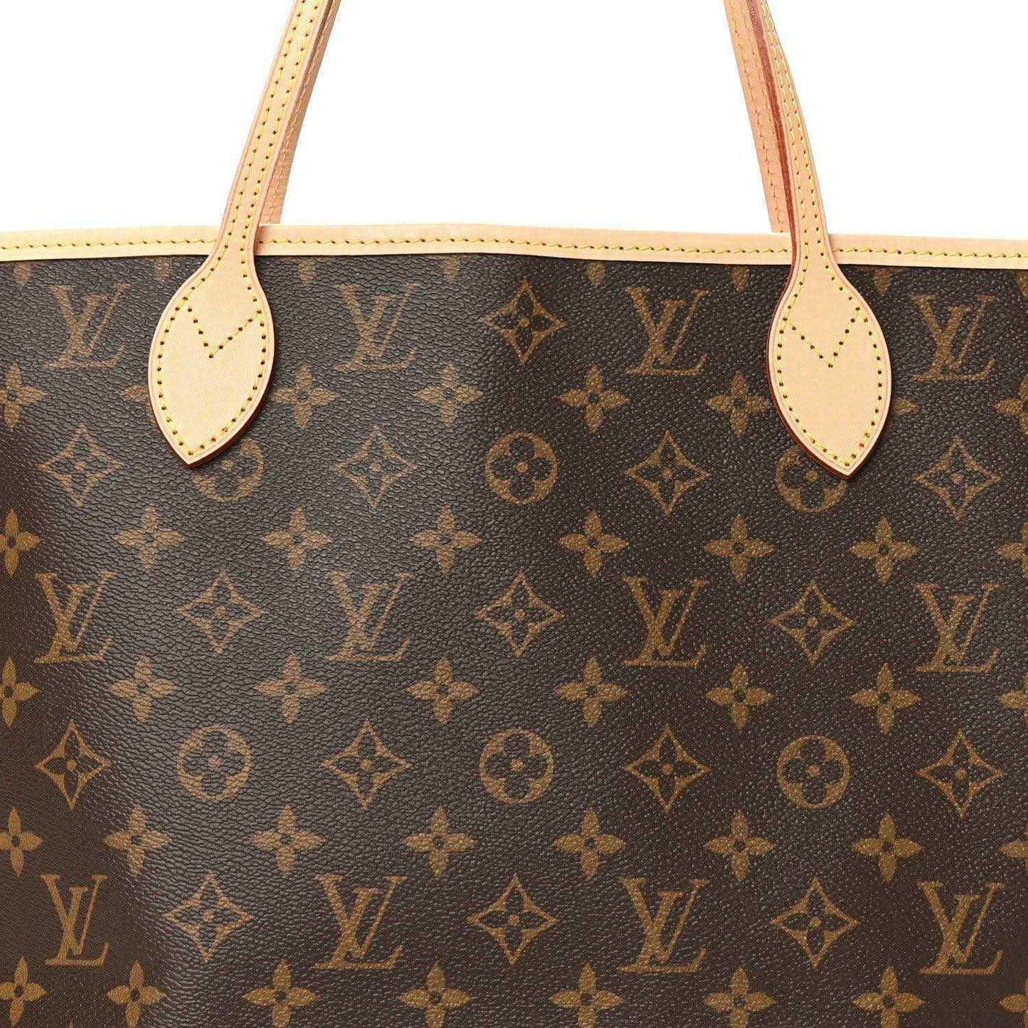 Louis Vuitton monogram tote top, tan leather handles on dark brown canvas