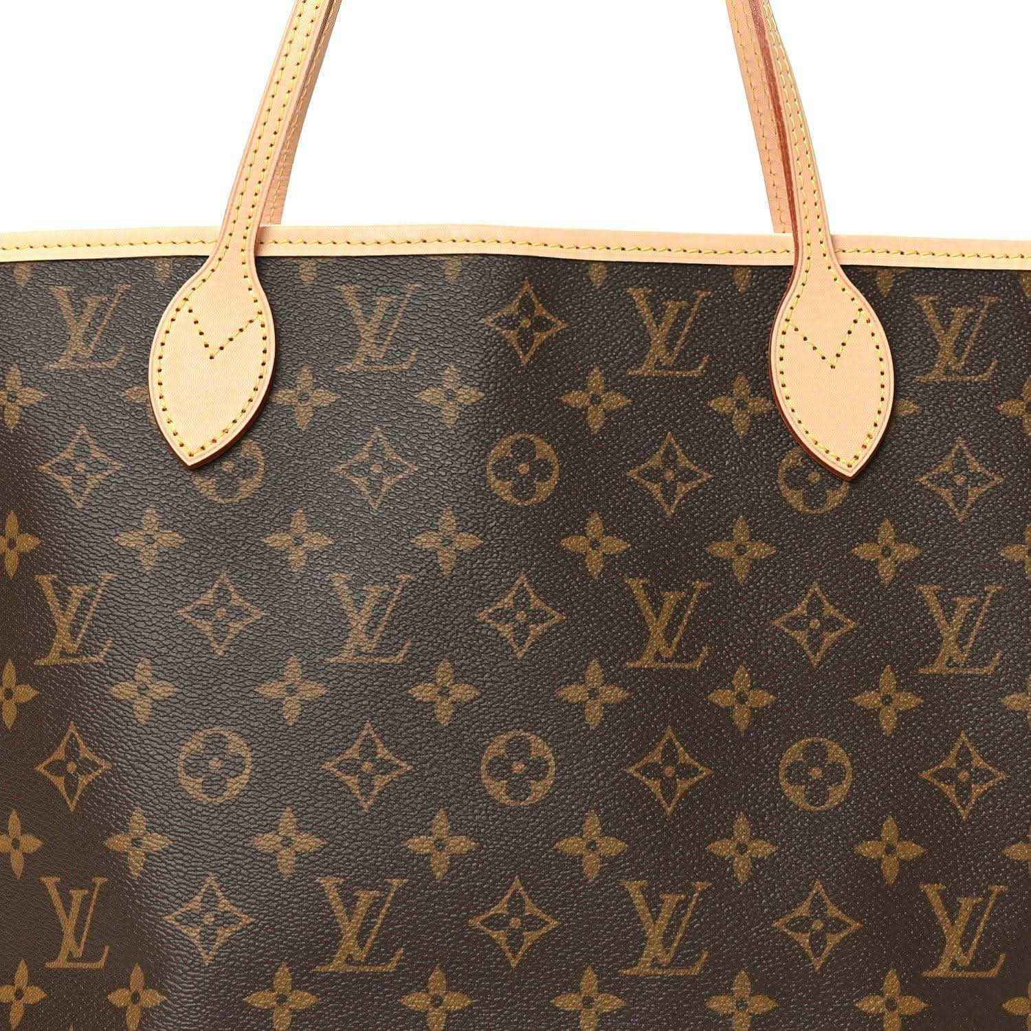 Louis Vuitton monogram tote top, tan leather handles on dark brown canvas
