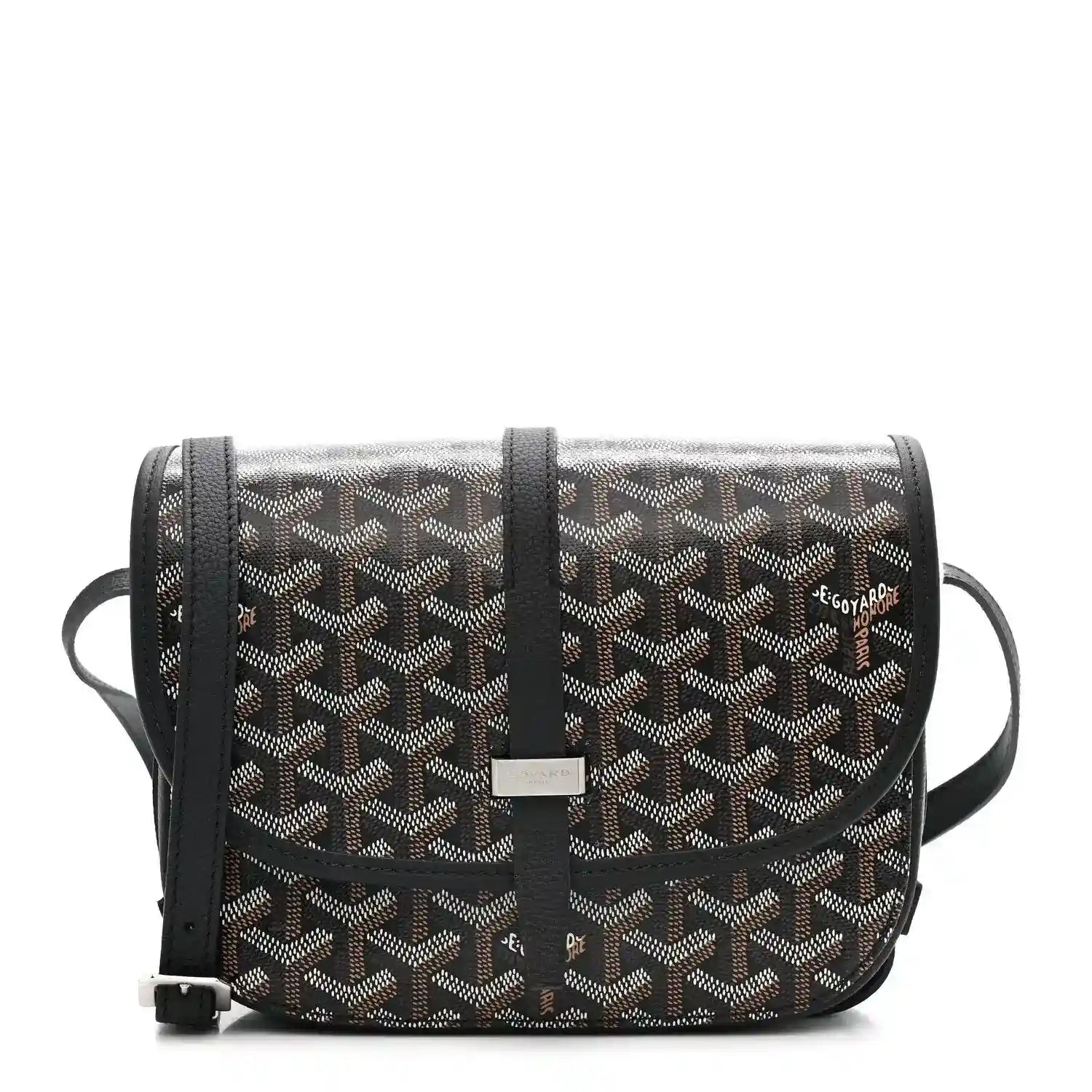 Black messenger bag with Goyardine jacquard pattern, flap front, and shoulder strap