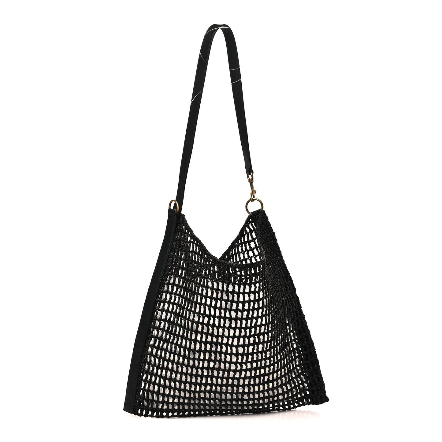 Black netted raffia shoulder bag with leather handles and gold YSL logo