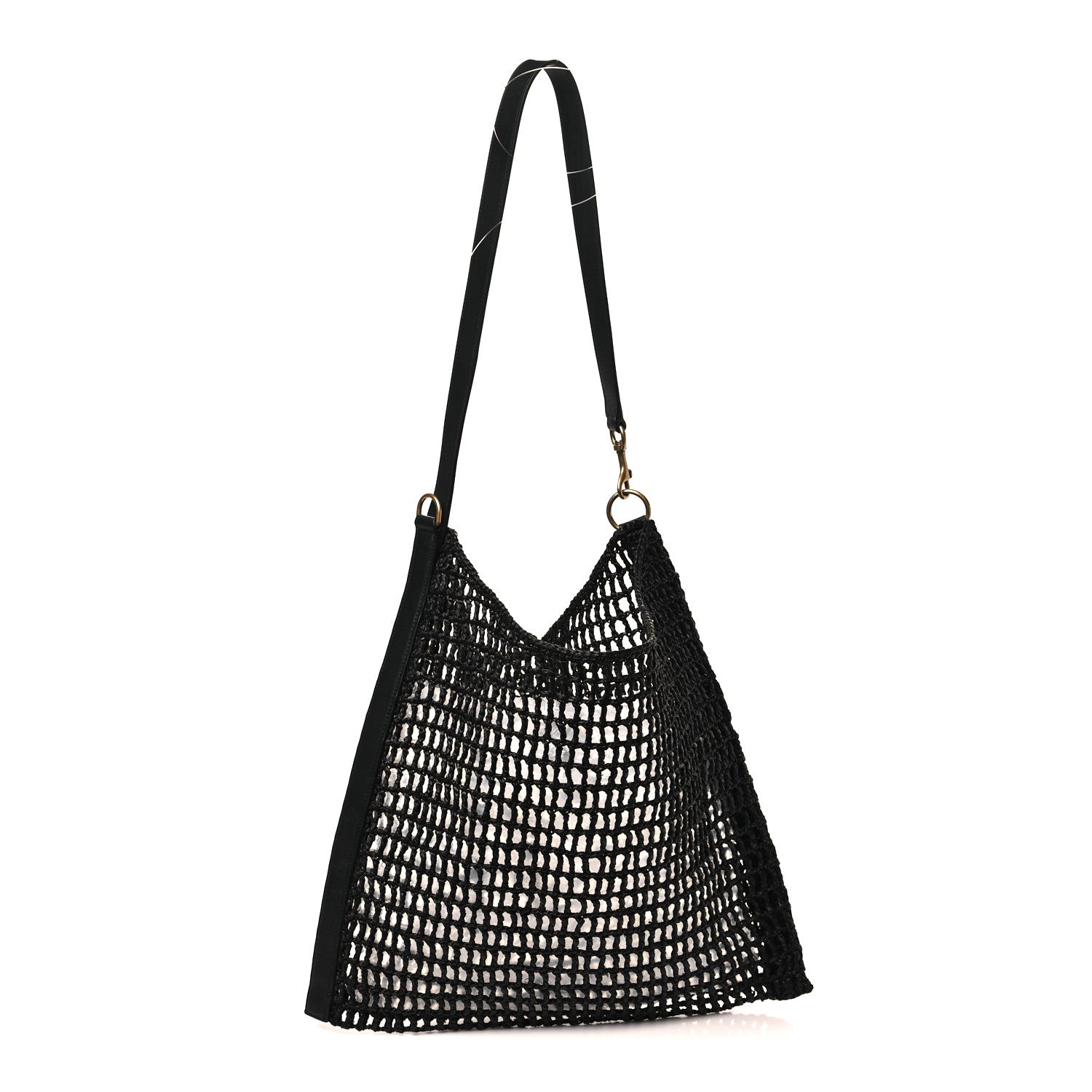 Black netted raffia shoulder bag with leather handles and gold YSL logo