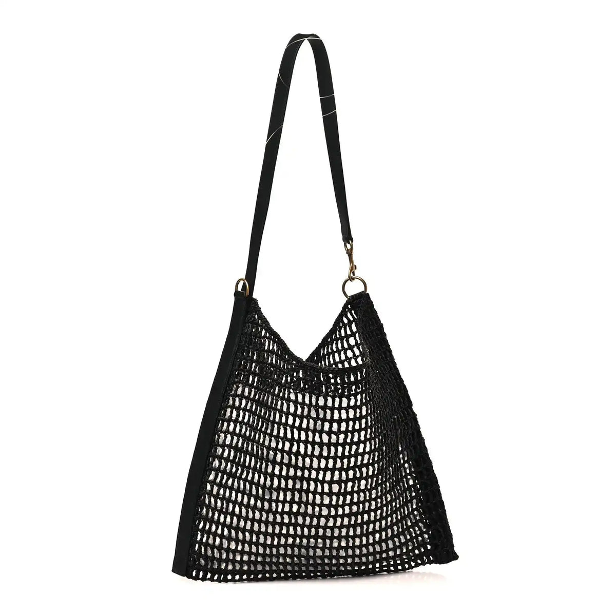 Black netted raffia shoulder bag with leather handles and gold YSL logo