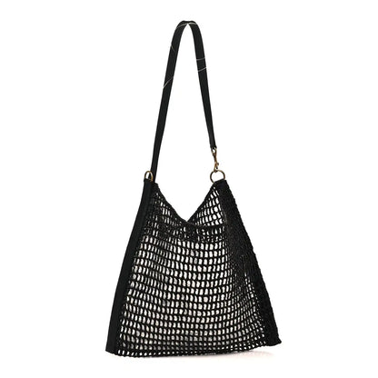 Black netted raffia shoulder bag with leather handles and gold YSL logo