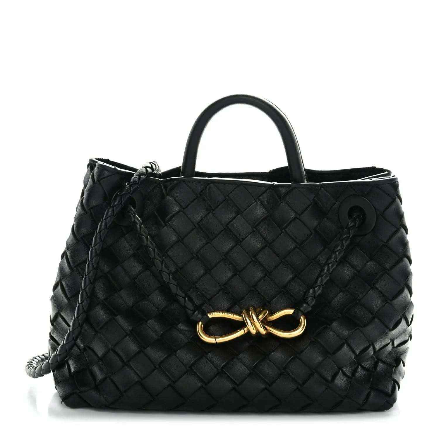 Black woven leather shoulder bag with gold clasp and top handles