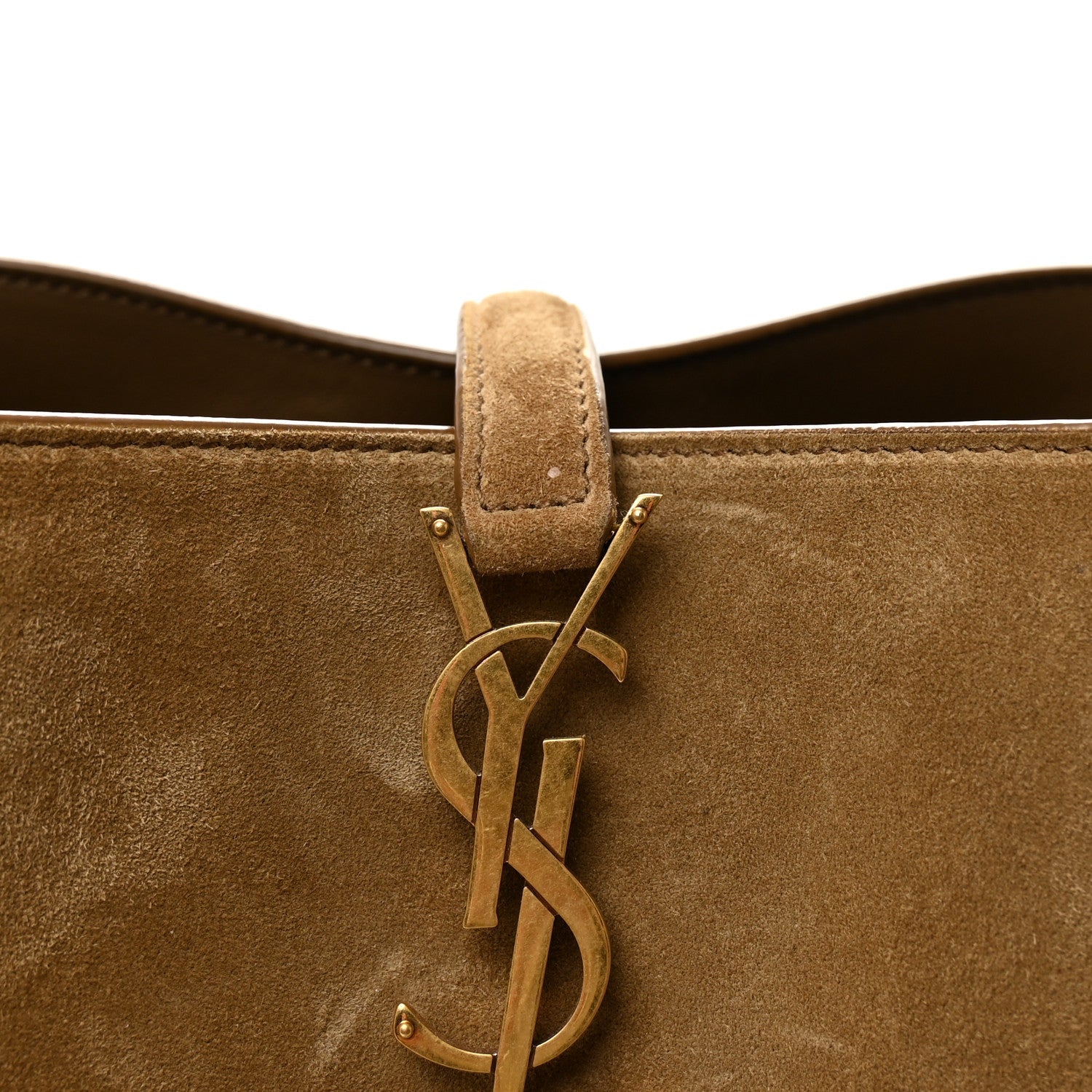 Suede bucket bag with YSL logo charm and top handle strap, golden tan