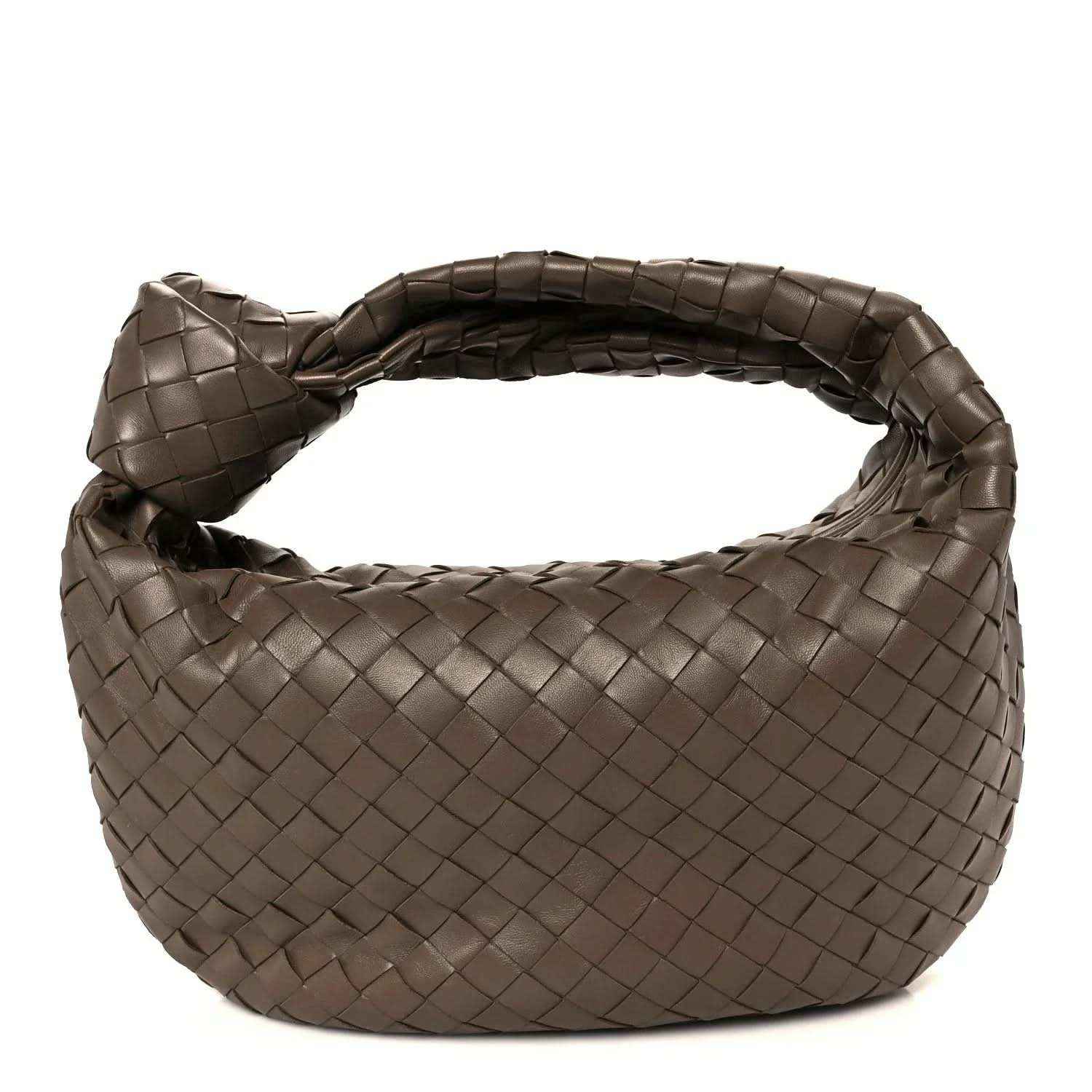 Taupe woven leather hobo bag with Intrecciato pattern and braided top handle