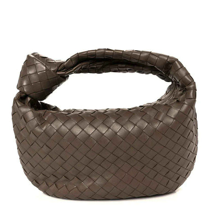 Taupe woven leather hobo bag with Intrecciato pattern and braided top handle