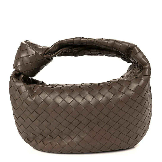 Taupe woven leather hobo bag with Intrecciato pattern and braided top handle