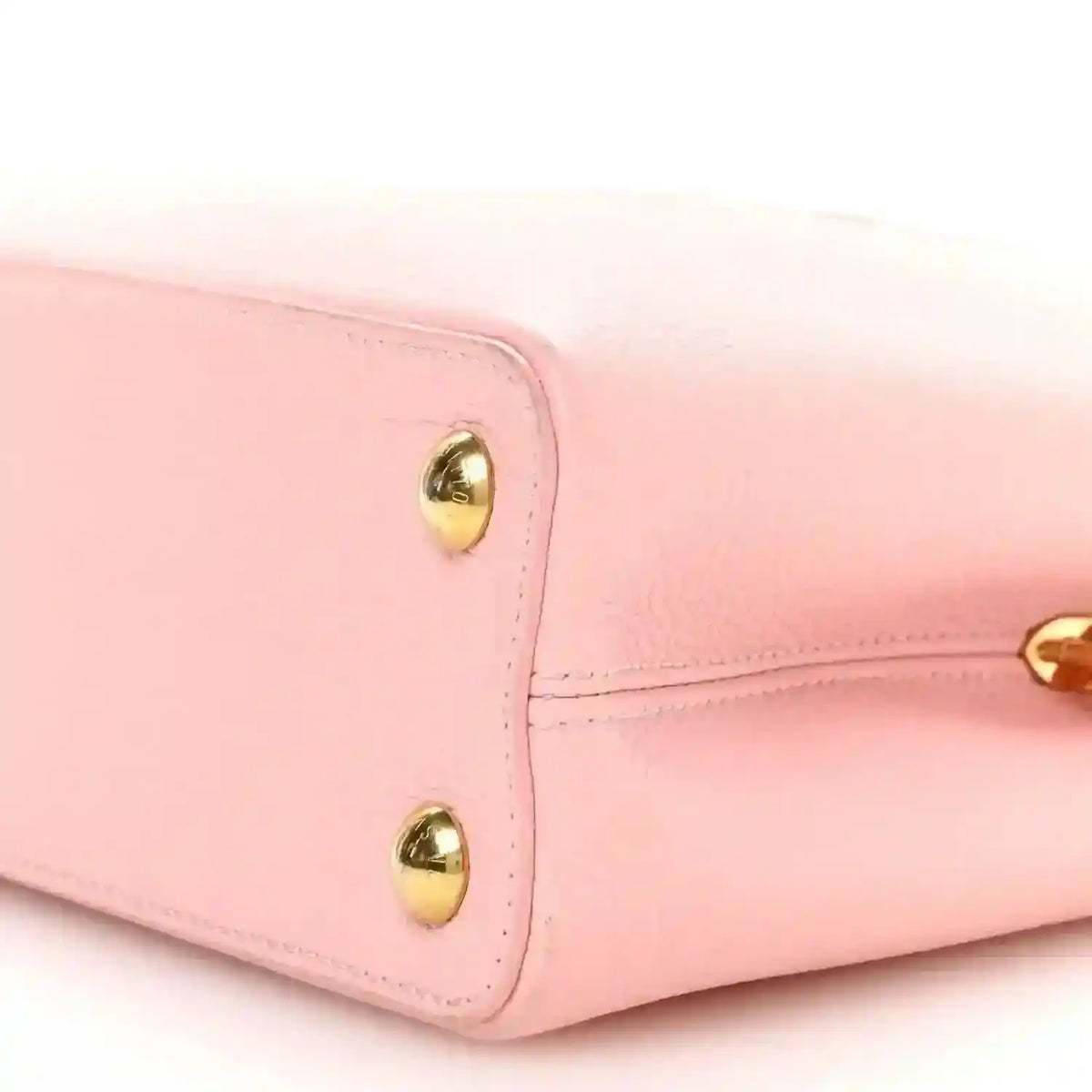 Bubble gum pink leather Capucines BB bag side panel with gold stud hardware