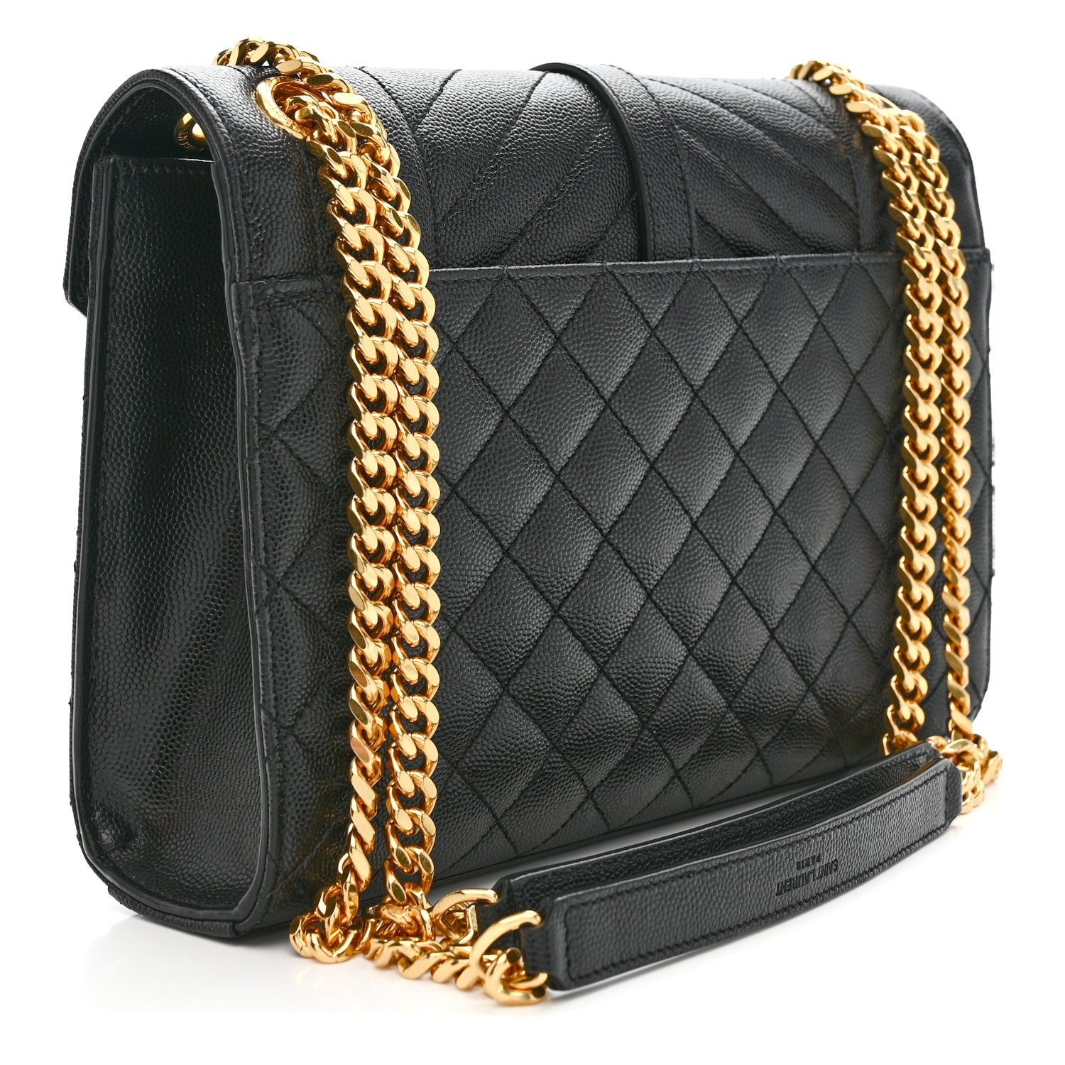 Black quilted satchel bag with gold chain shoulder strap and flap closure