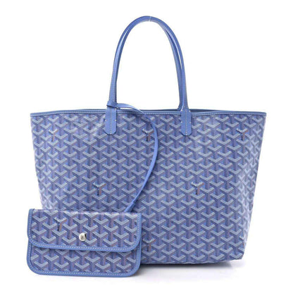 Goyardine tote bag with detachable pouch, blue pattern and flap with metal snap