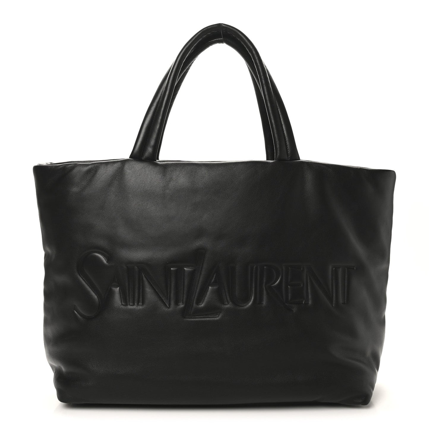 SAINT LAURENT lambskin wide puffer tote in black with embossed logo on front.