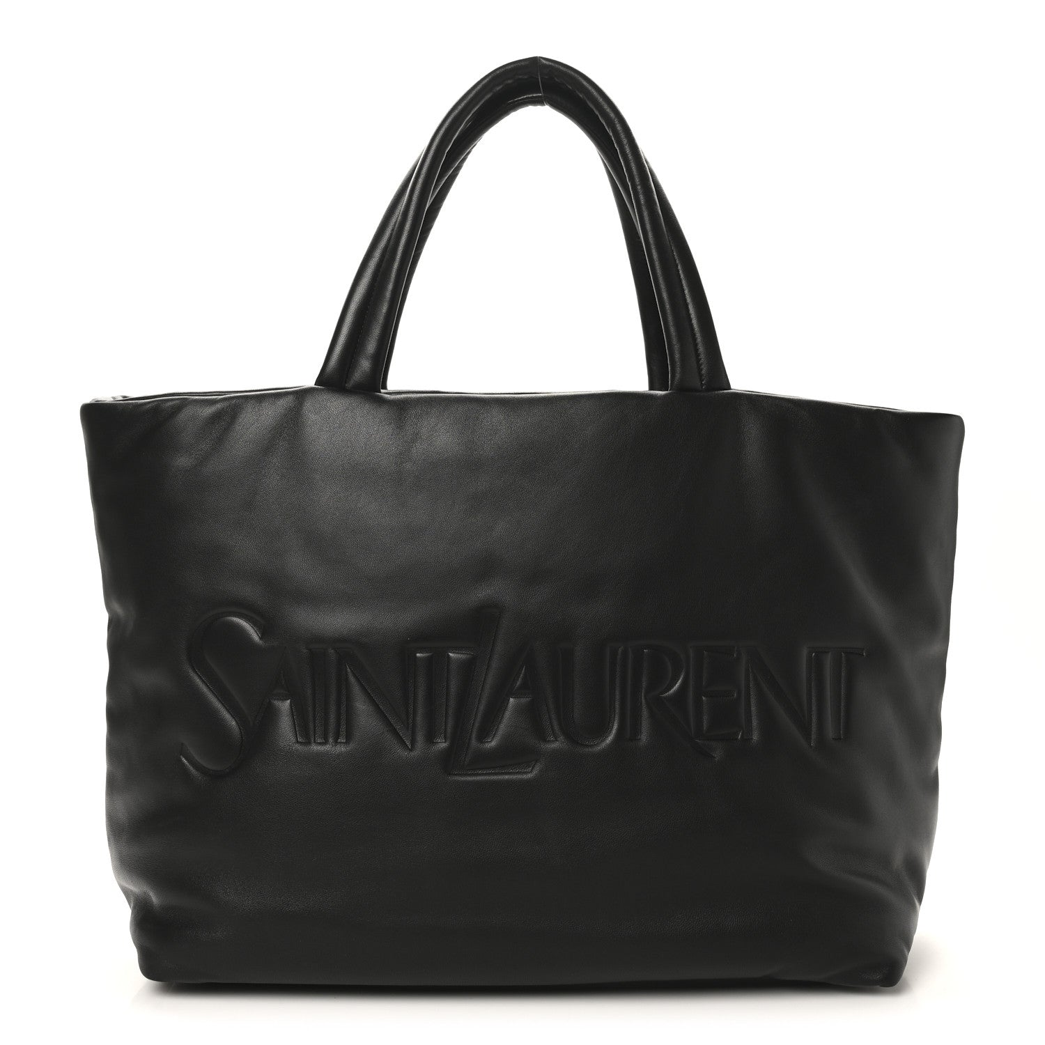 SAINT LAURENT lambskin wide puffer tote in black with embossed logo on front.