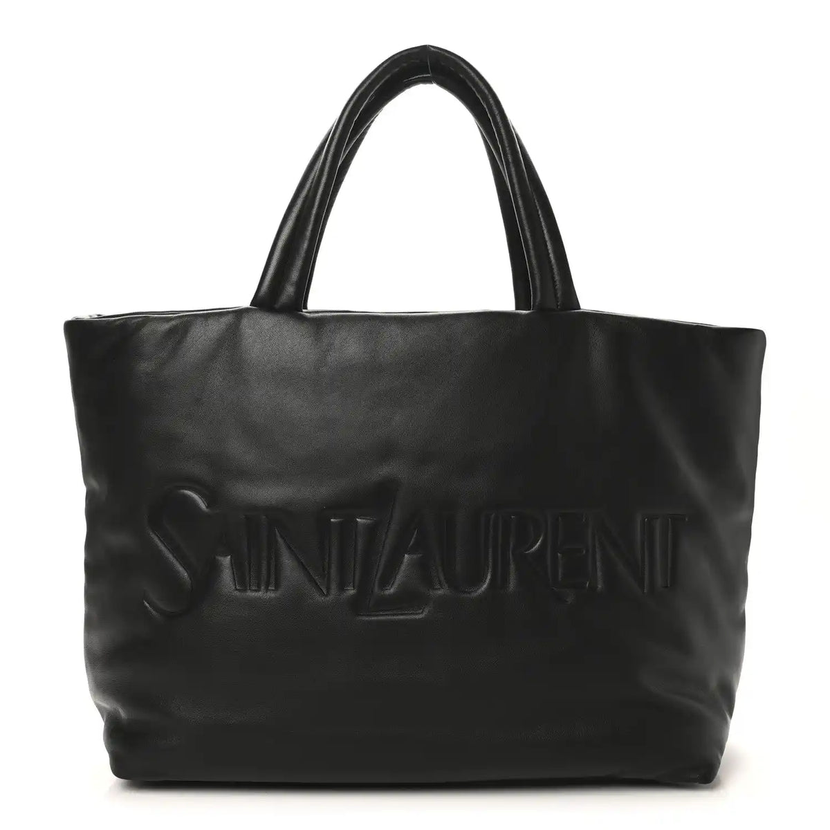 SAINT LAURENT lambskin wide puffer tote in black with embossed logo on front.