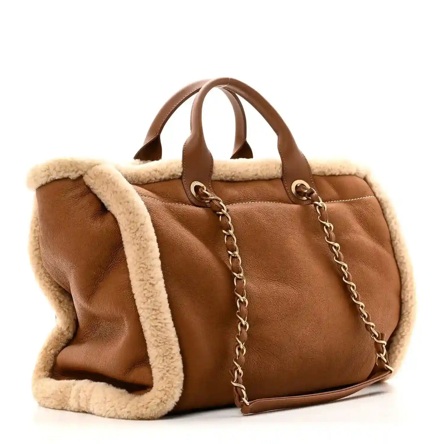 Chanel Deauville tote bag in brown lambskin with shearling trim and chain strap