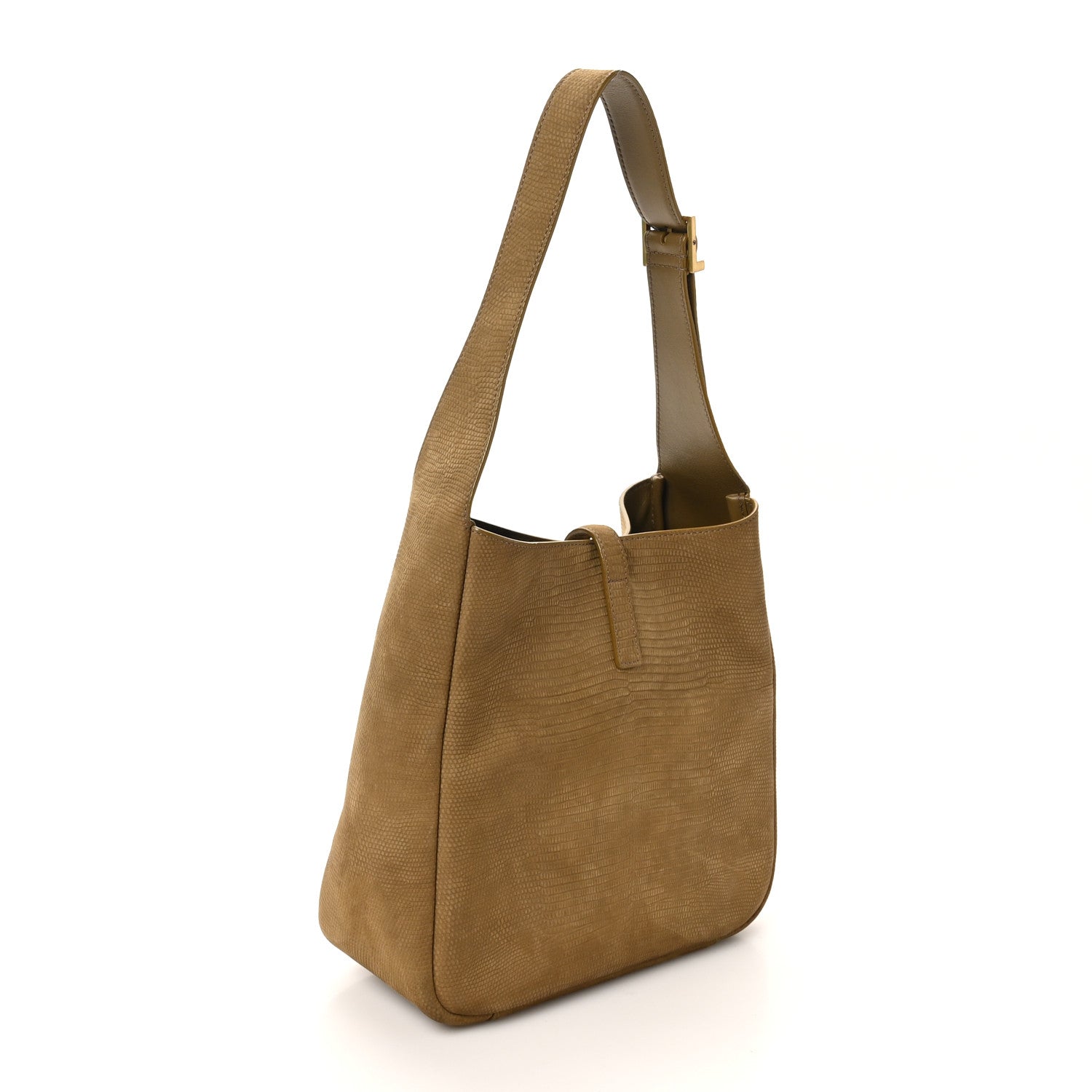 Small hobo bag side view with fixed strap and lizard-embossed leather texture
