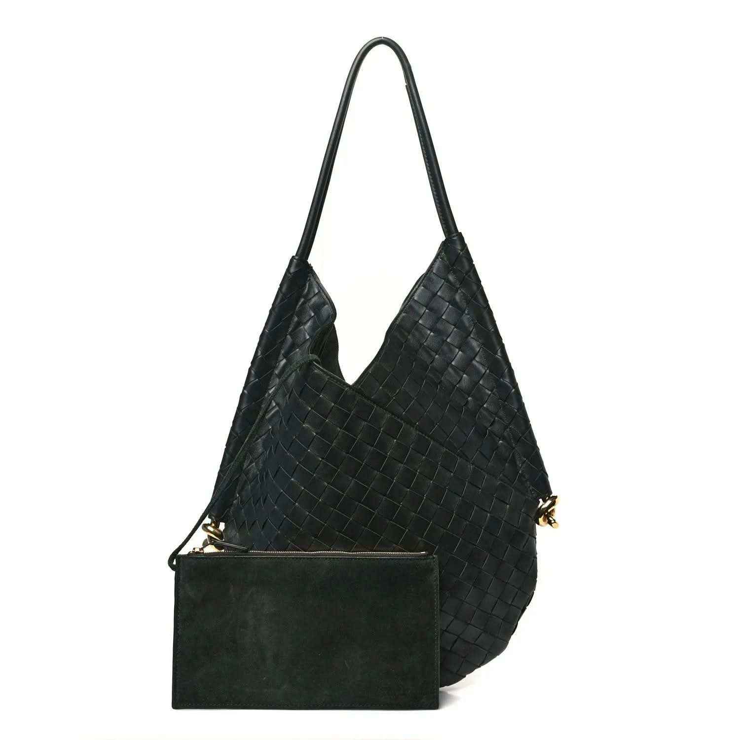 Medium hobo bag with dark green woven leather body and matching zip pouch
