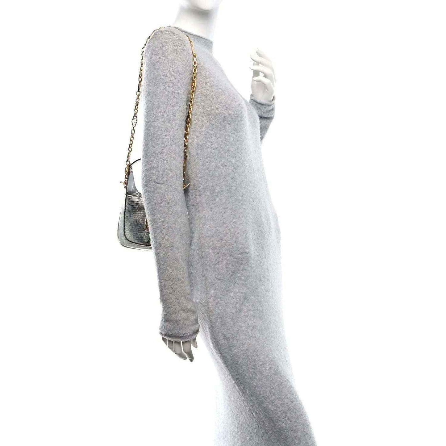 Silver lizard-effect mini shoulder bag with long gold-tone chain strap, side view