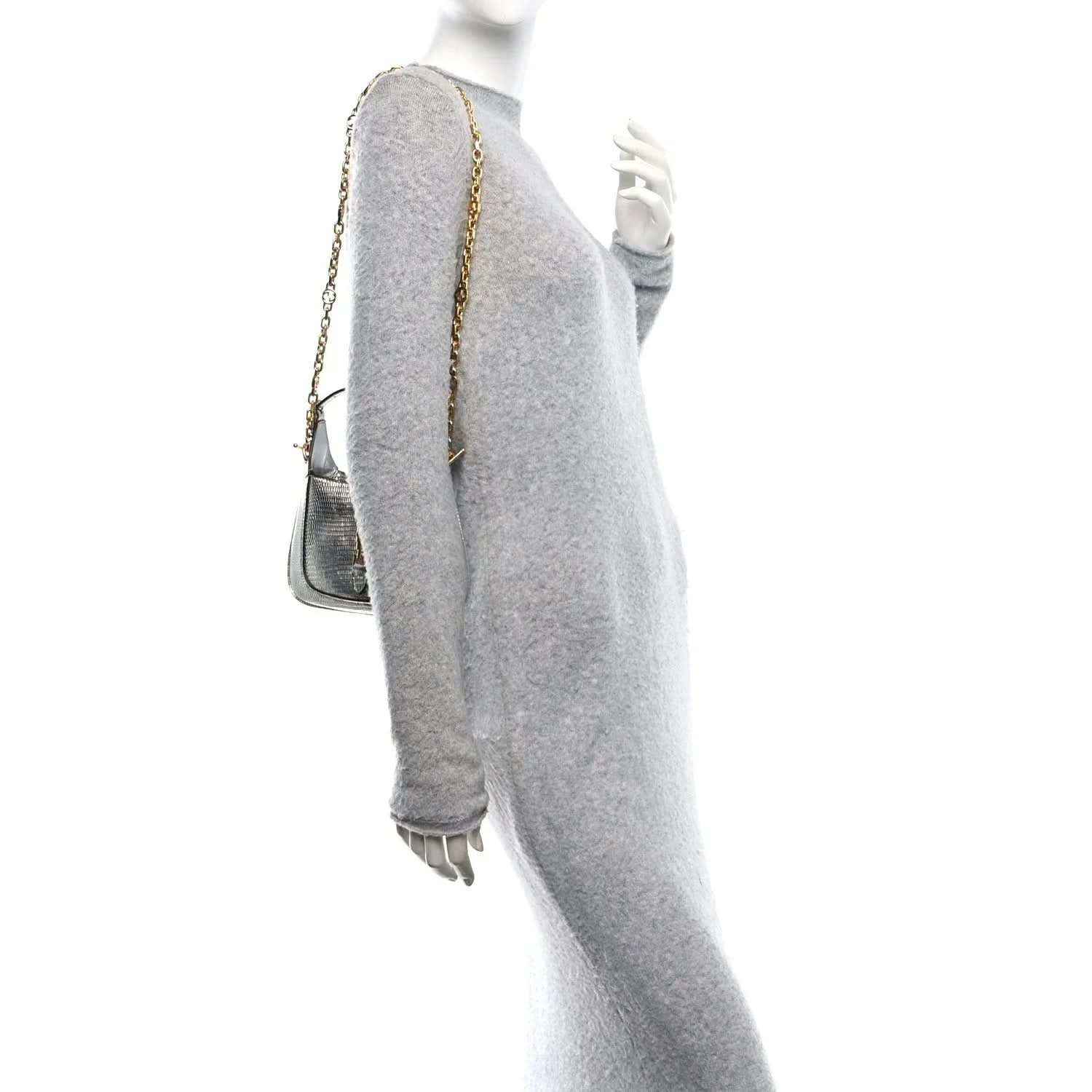 Silver lizard-effect mini shoulder bag with long gold-tone chain strap, side view