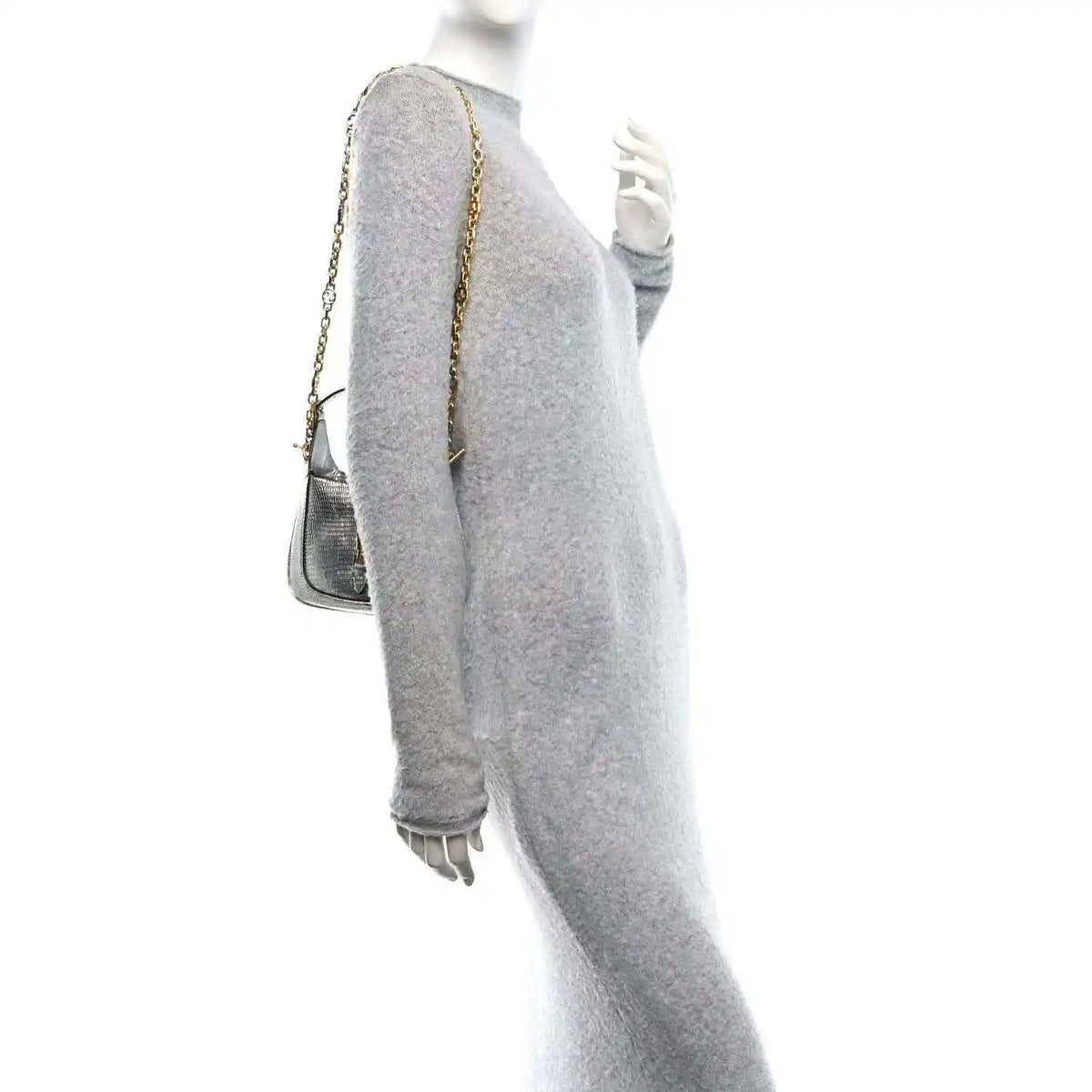Silver lizard-effect mini shoulder bag with long gold-tone chain strap, side view