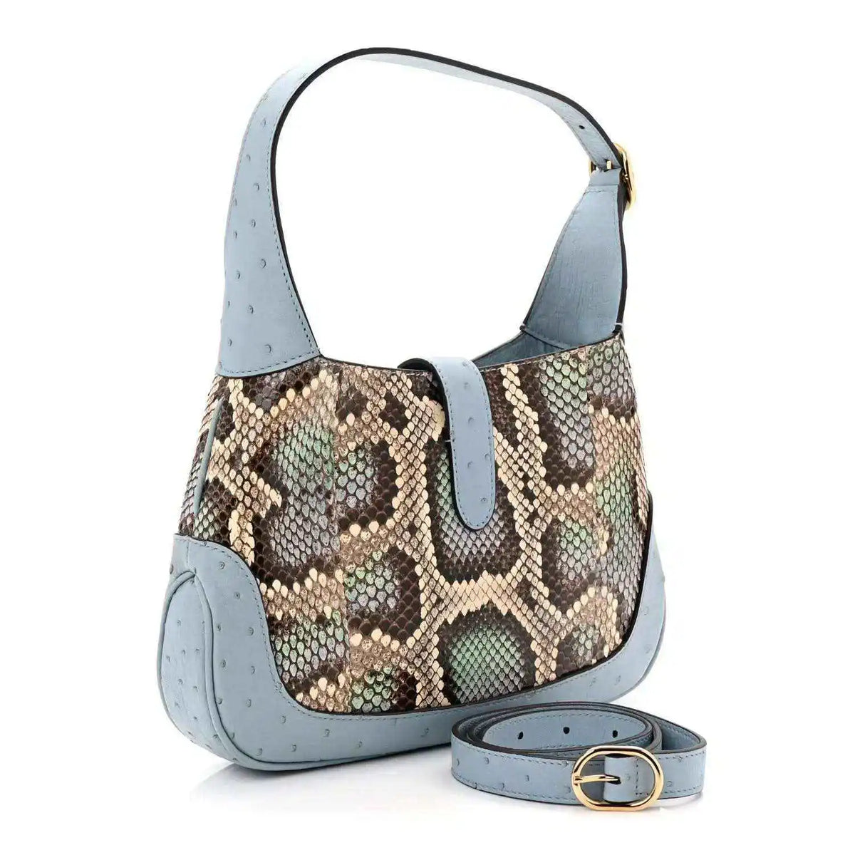 Small hobo bag with snakeskin front, light blue leather trim, and detachable strap