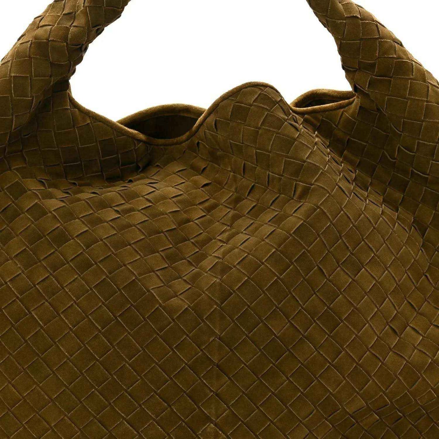 Olive suede hobo bag with Intrecciato woven pattern and top handles