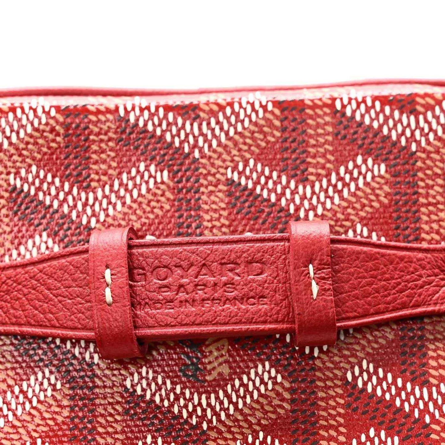 Red Goyardine Muse vanity case with stamped logo strap tab on monogram canvas