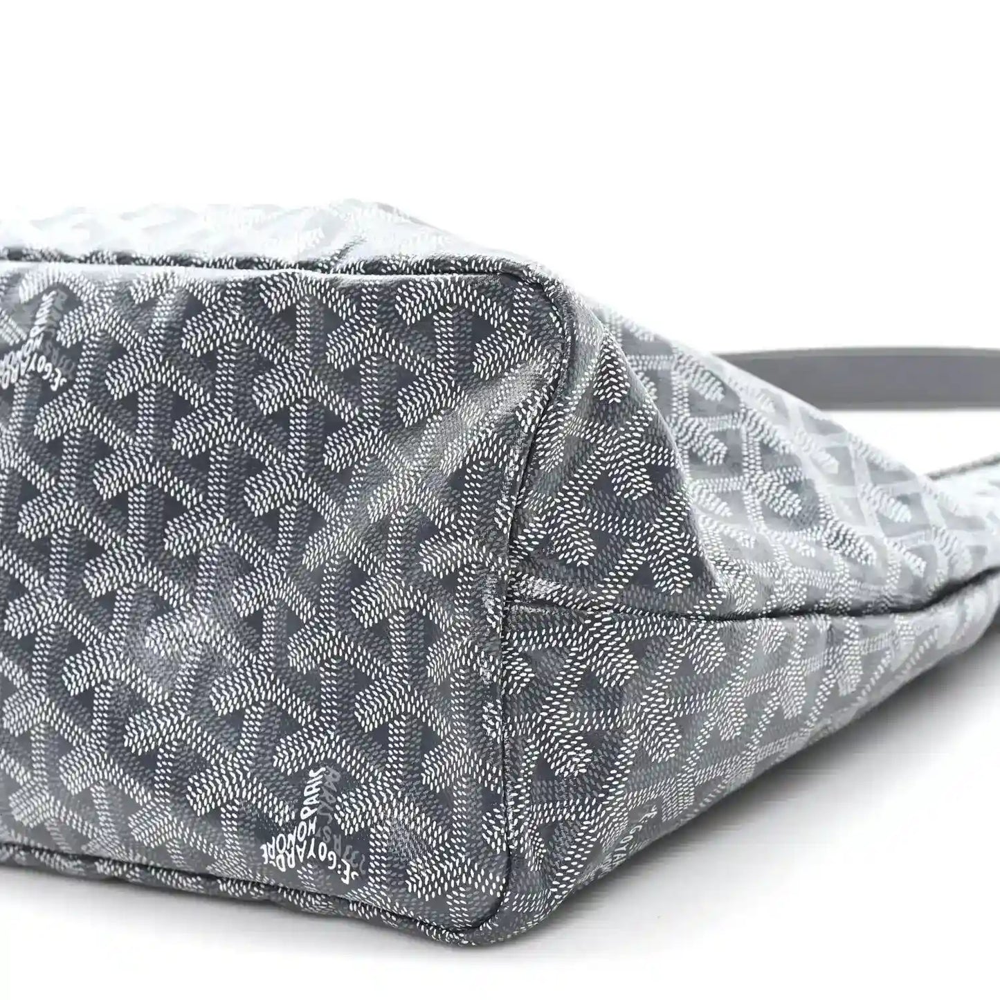 Grey Goyardine hobo bag with Goyard pattern and zip top, coated canvas texture