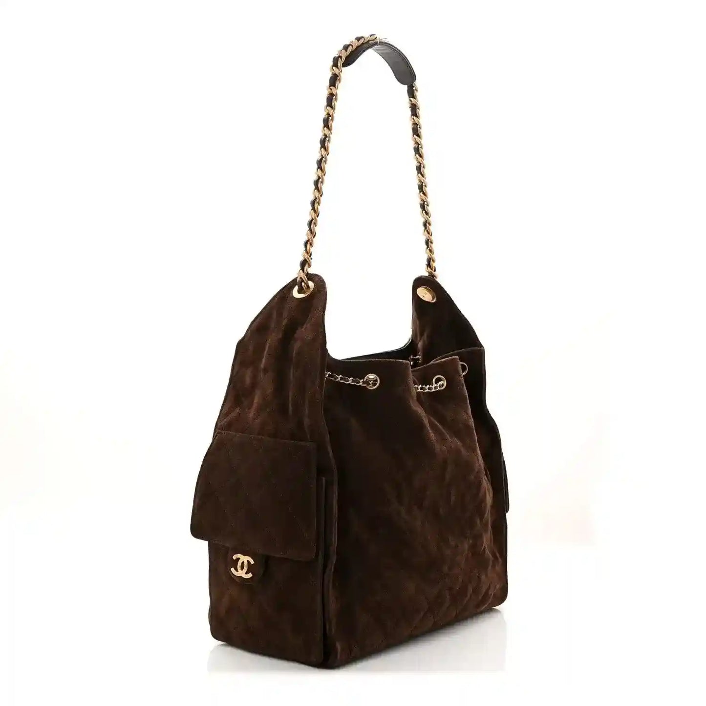 Dark brown suede quilted handbag with top chain handles and front CC logo