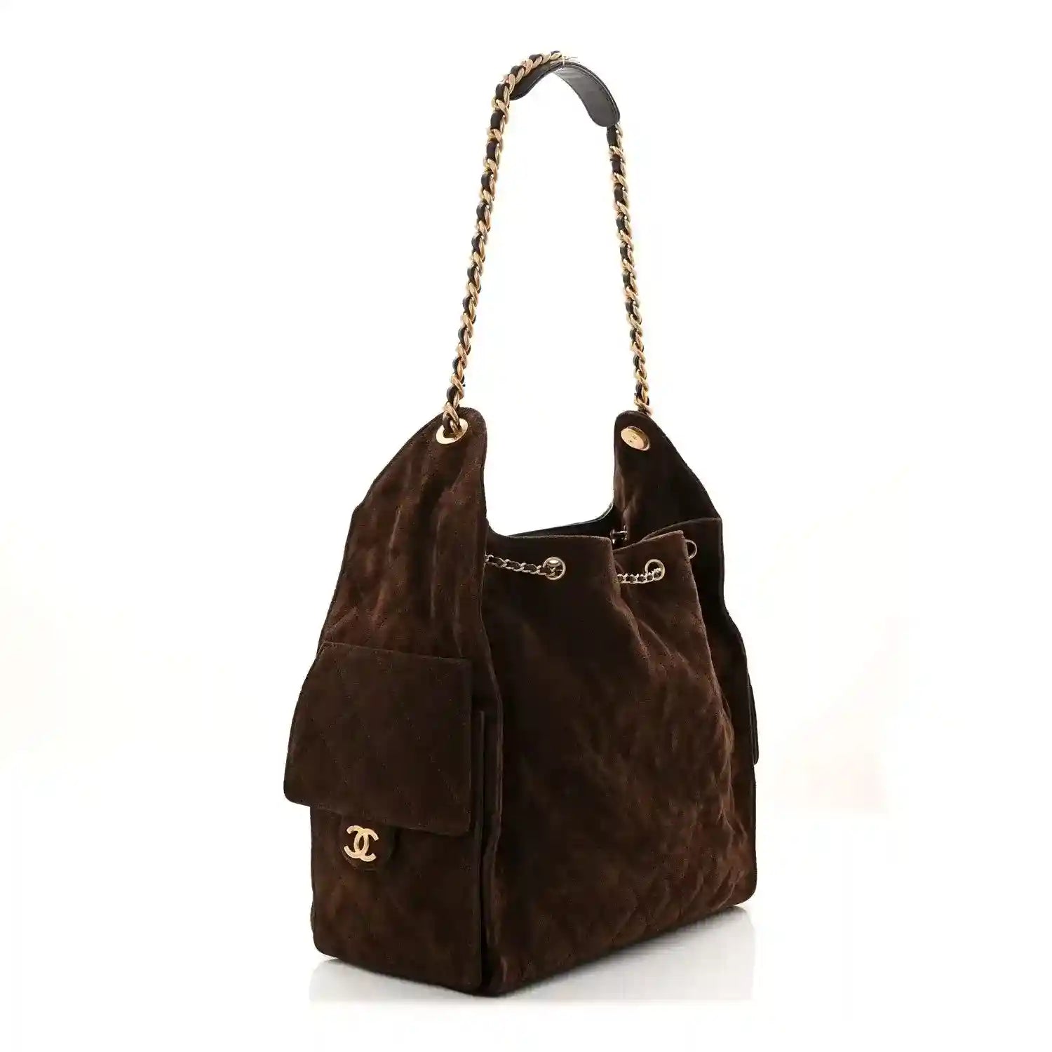 Dark brown suede quilted handbag with top chain handles and front CC logo