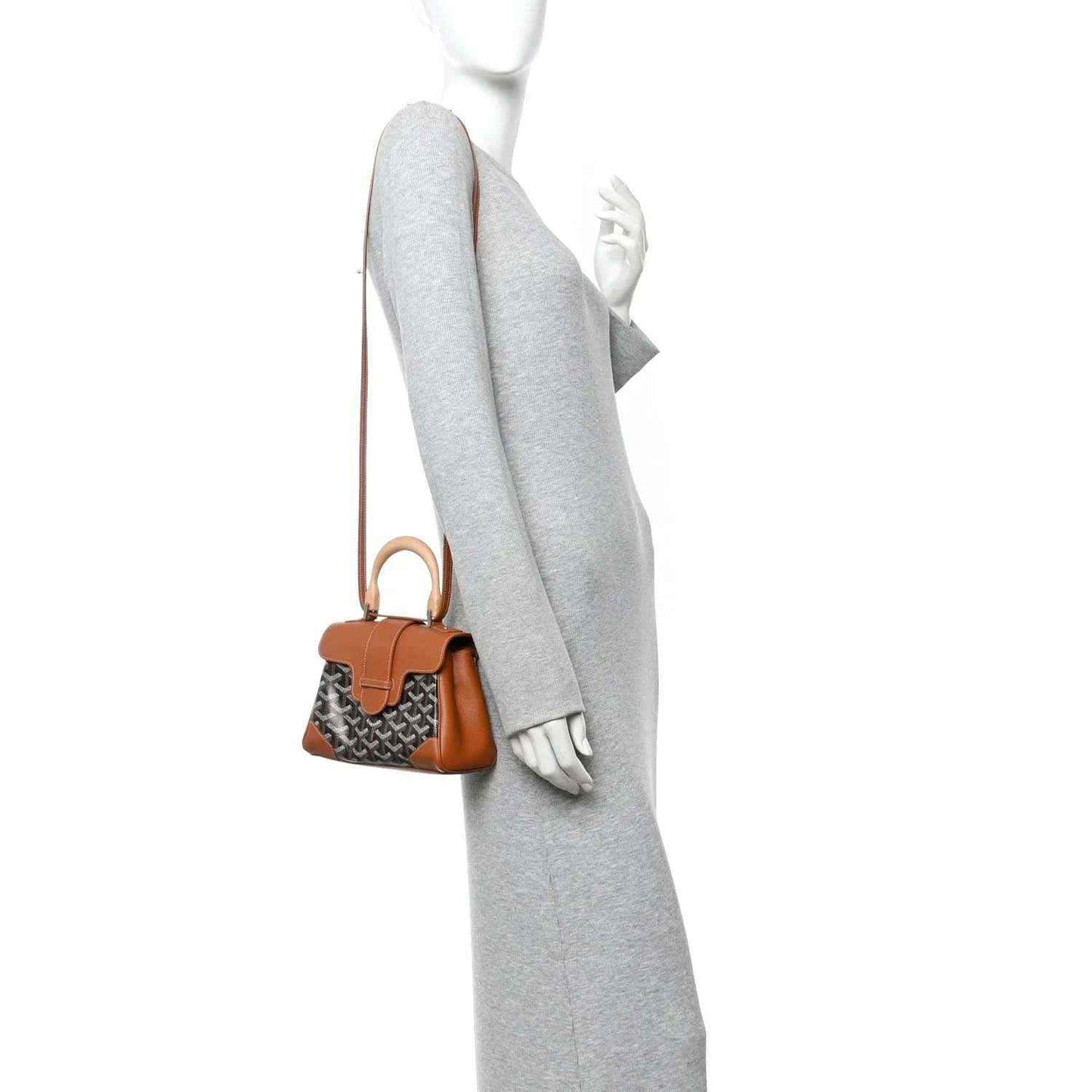 Mini Saigon shoulder bag with shoulder strap, tan leather and dark patterned canvas