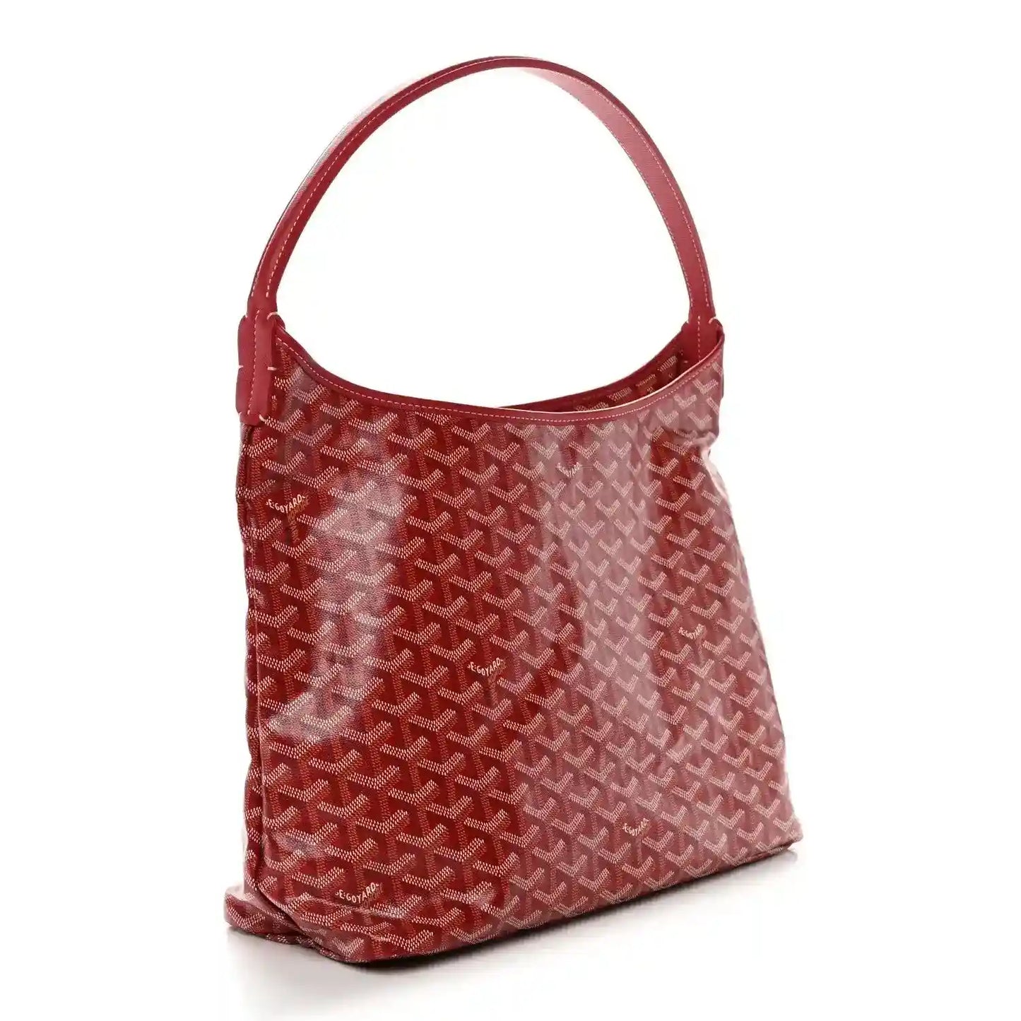 Red Goyardine hobo bag with top handle and repeating monogram pattern, side view