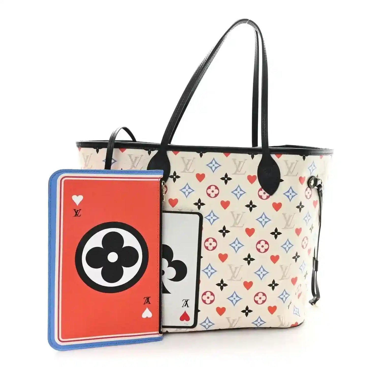 White monogram tote bag with black handles and card-style front pocket with icons