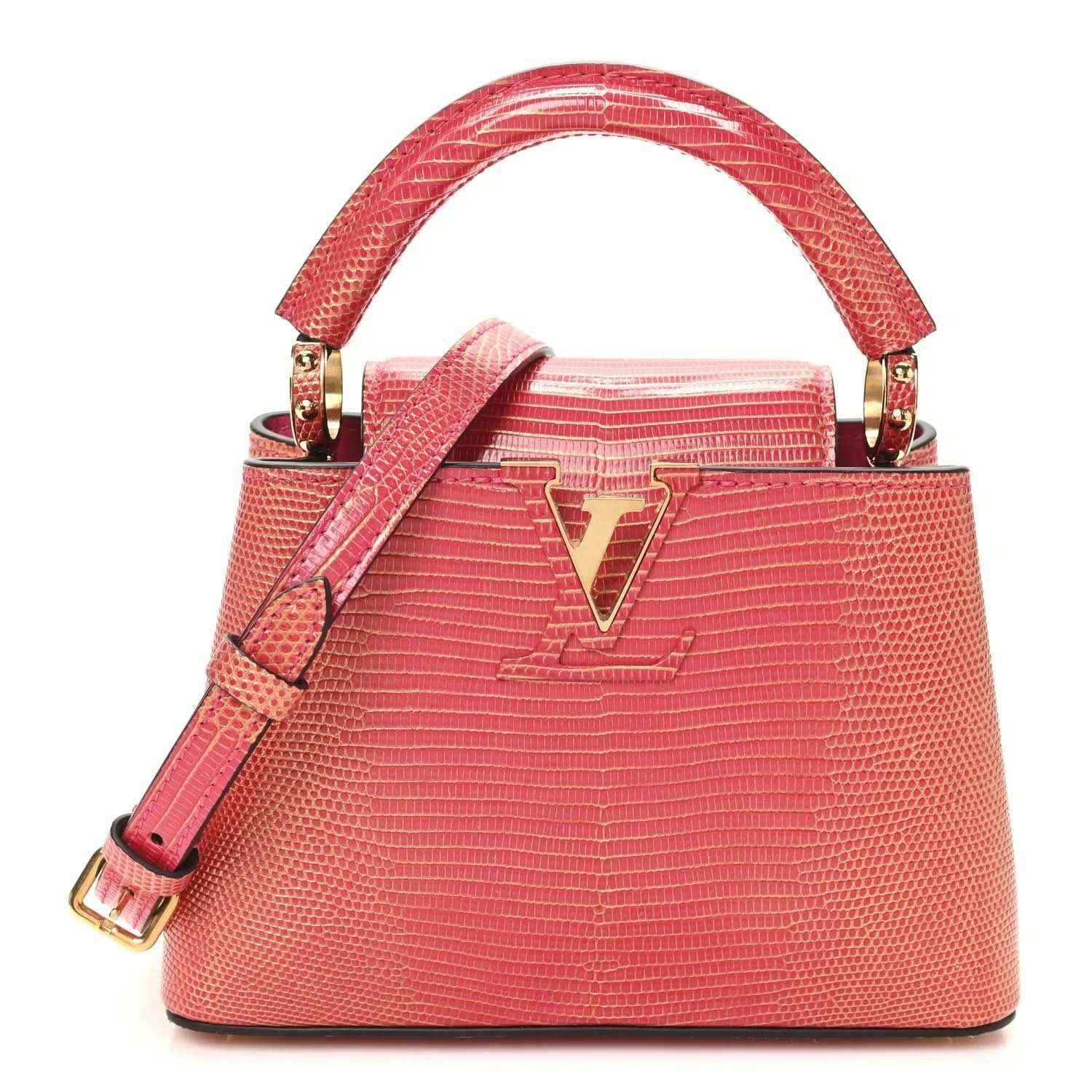 Louis Vuitton mini handbag front, fuchsia textured lizard, gold V emblem, handles.