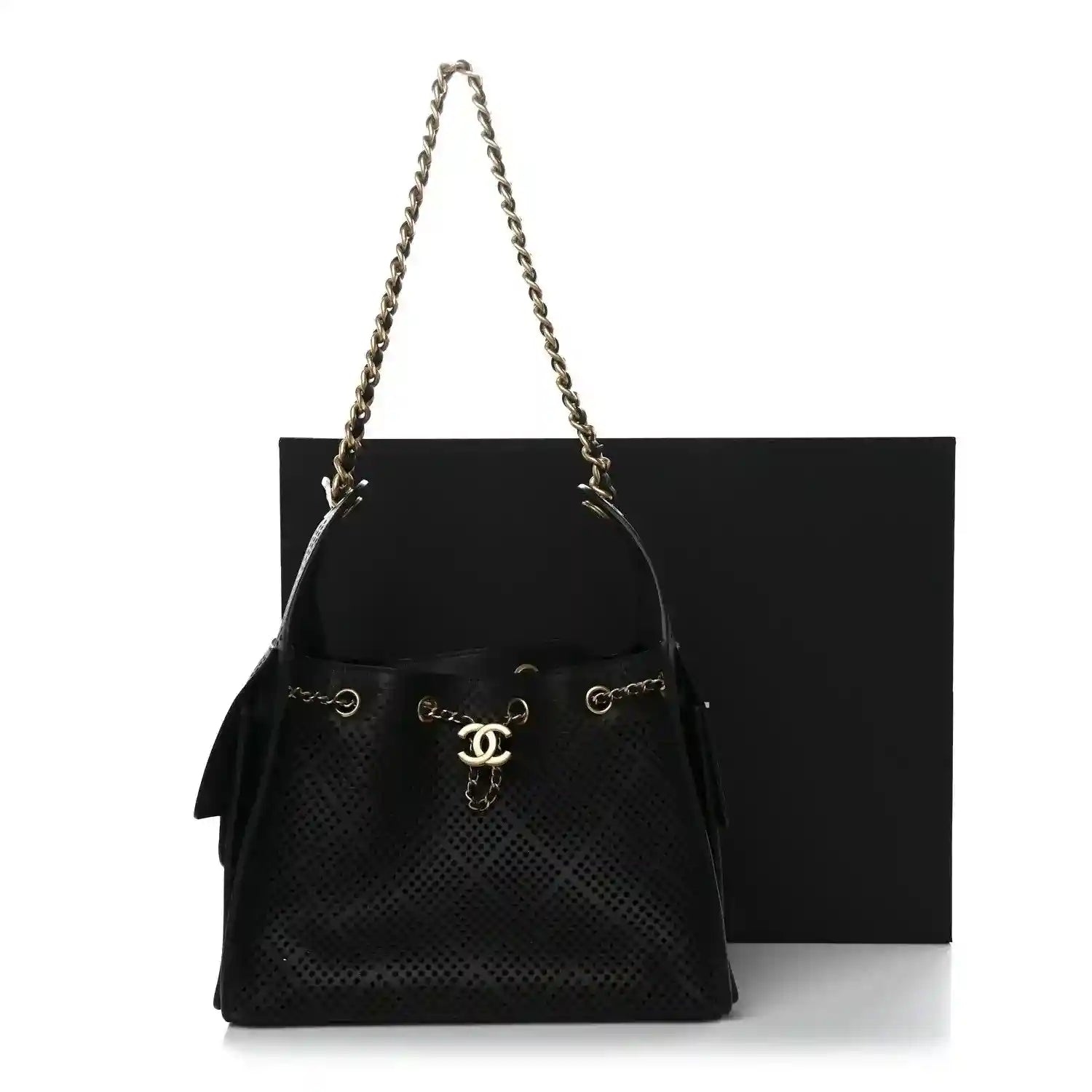 Quilted small handbag in black perforated calfskin with chain shoulder strap