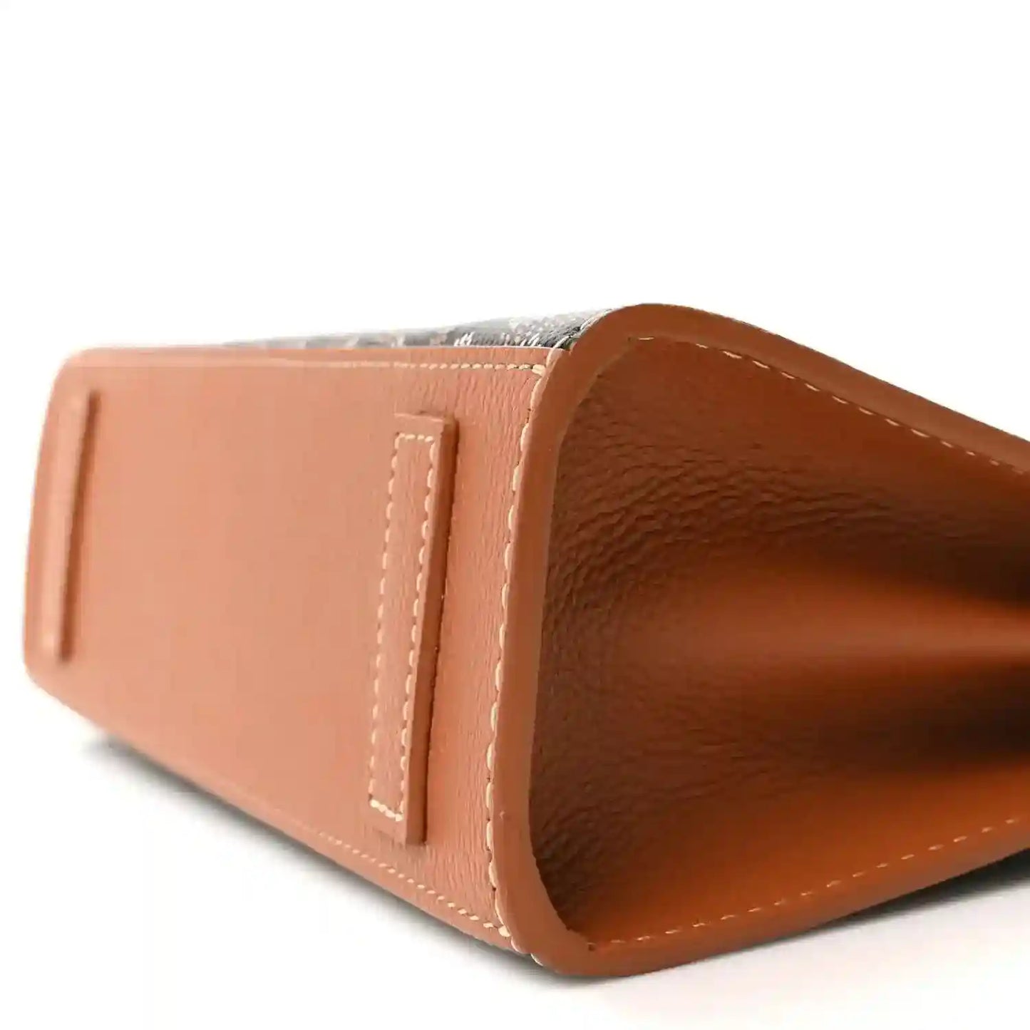 Mini tote bag tan leather edge with stitched tab and curved inner opening