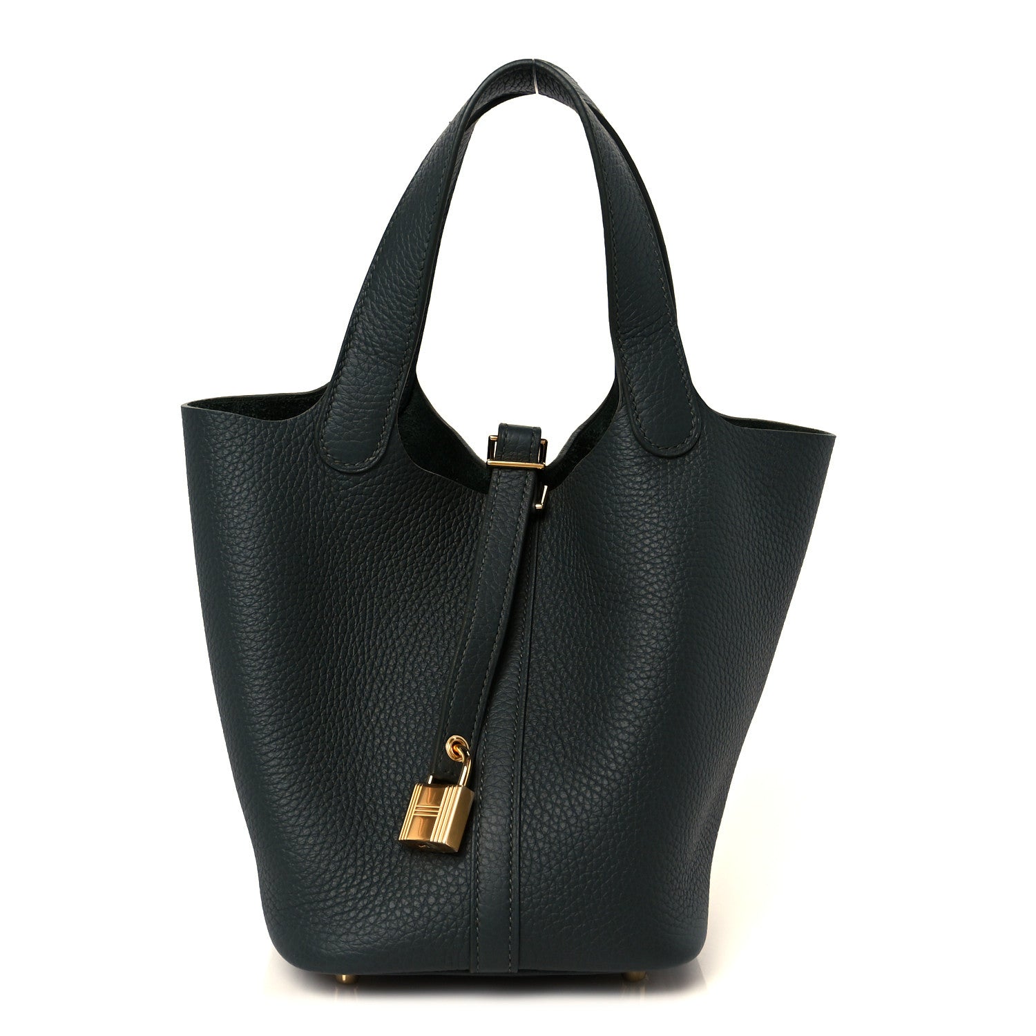 Dark green leather tote bag with top handles and central gold-tone lock detail