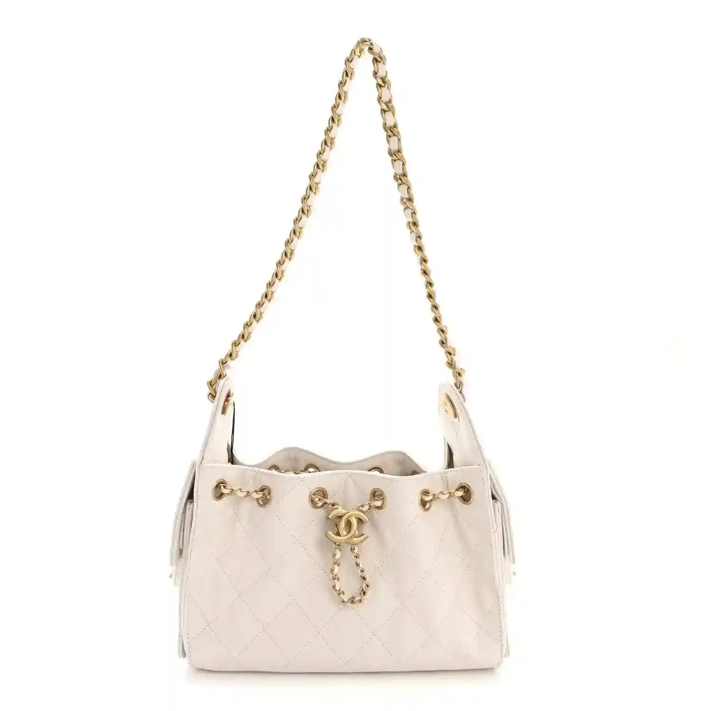 White quilted mini handbag with gold chain strap and CC-style front charm clasp