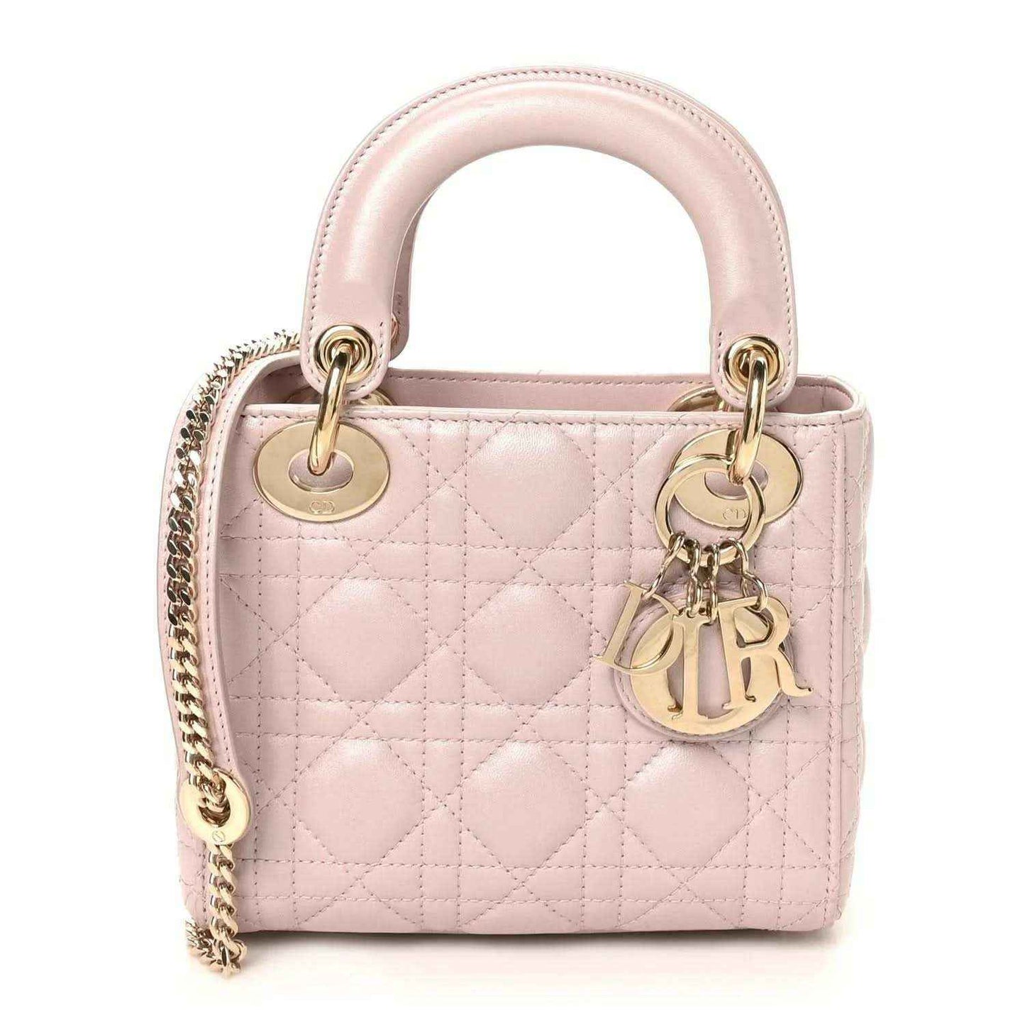 Mini Lady Dior handbag in rose pink lambskin with diamond Cannage quilting and top handles