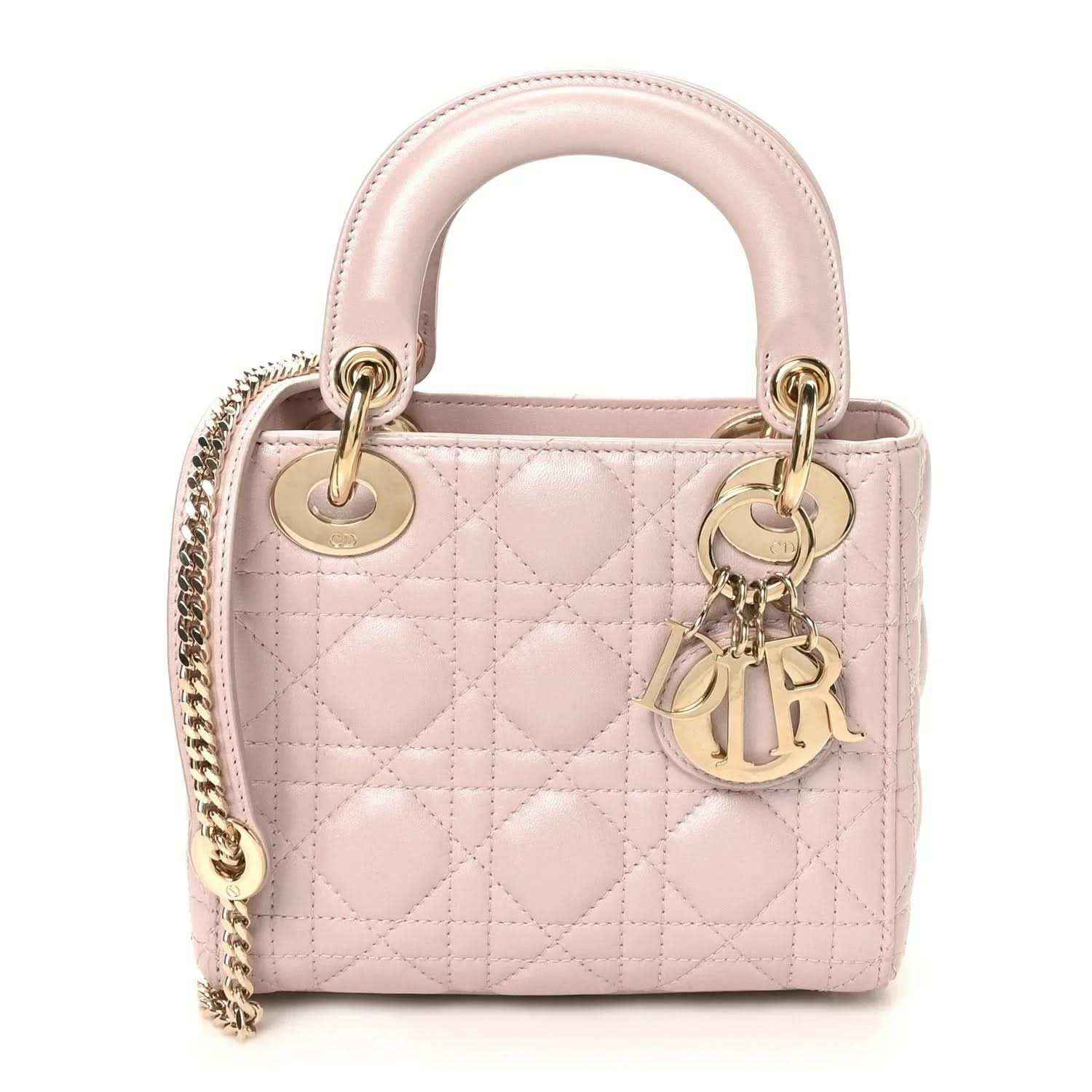 Mini Lady Dior handbag in rose pink lambskin with diamond Cannage quilting and top handles
