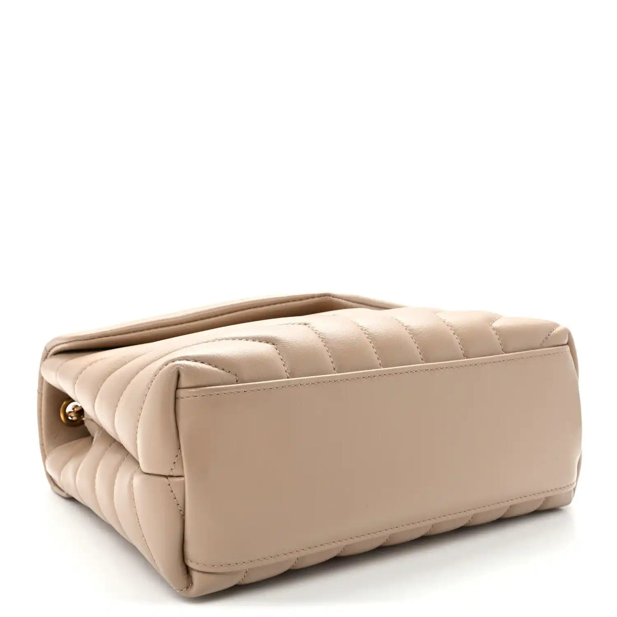 Quilted dark beige satchel side view with stitched panels and fold-over flap