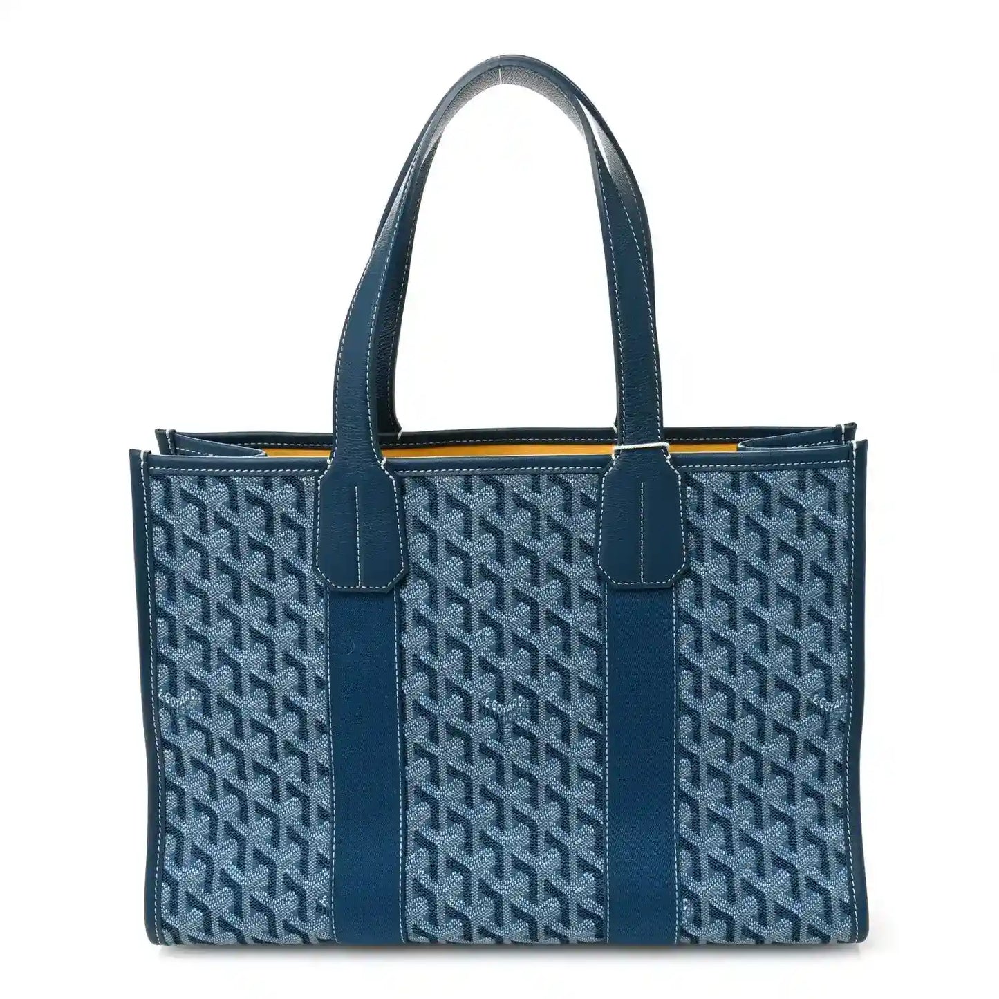 Ocean blue Villette PM tote bag with Goyardine monogram and leather trim, two top handles.