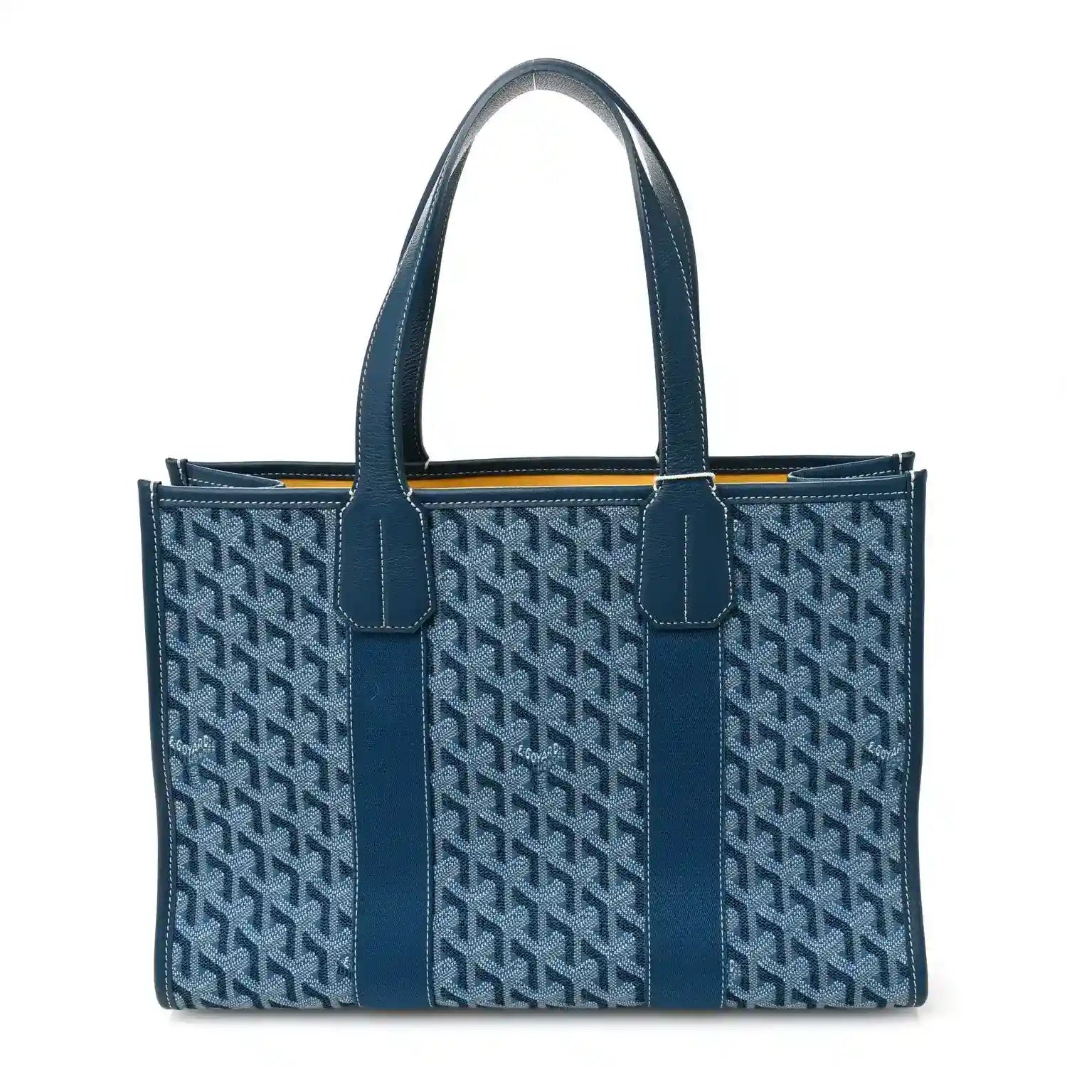Ocean blue Villette PM tote bag with Goyardine monogram and leather trim, two top handles.
