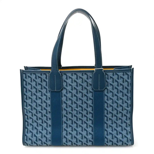 Ocean blue Villette PM tote bag with Goyardine monogram and leather trim, two top handles.
